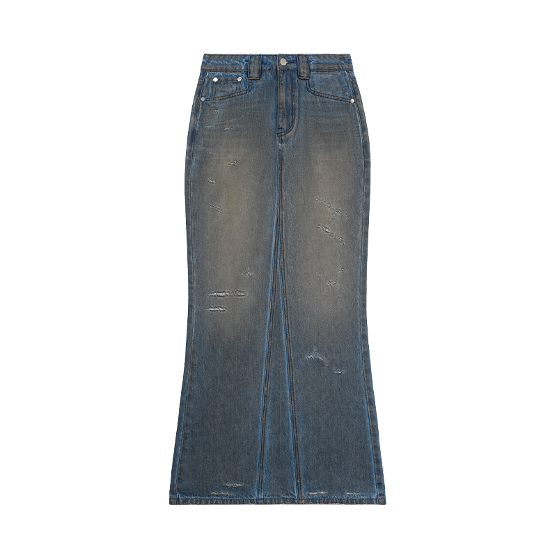 Blue Retro Distressed Washed Fishtail Design Denim Mid-Length Skirt