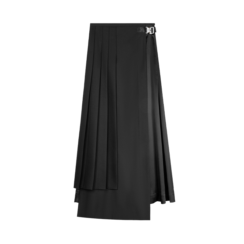 Black Irregular Pleated Mid-Length Skirt