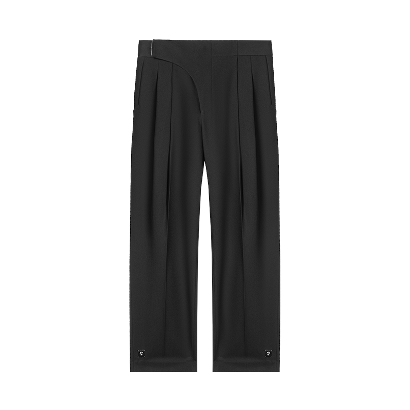 Black Adjustable Button Double Pleat Loose Trousers