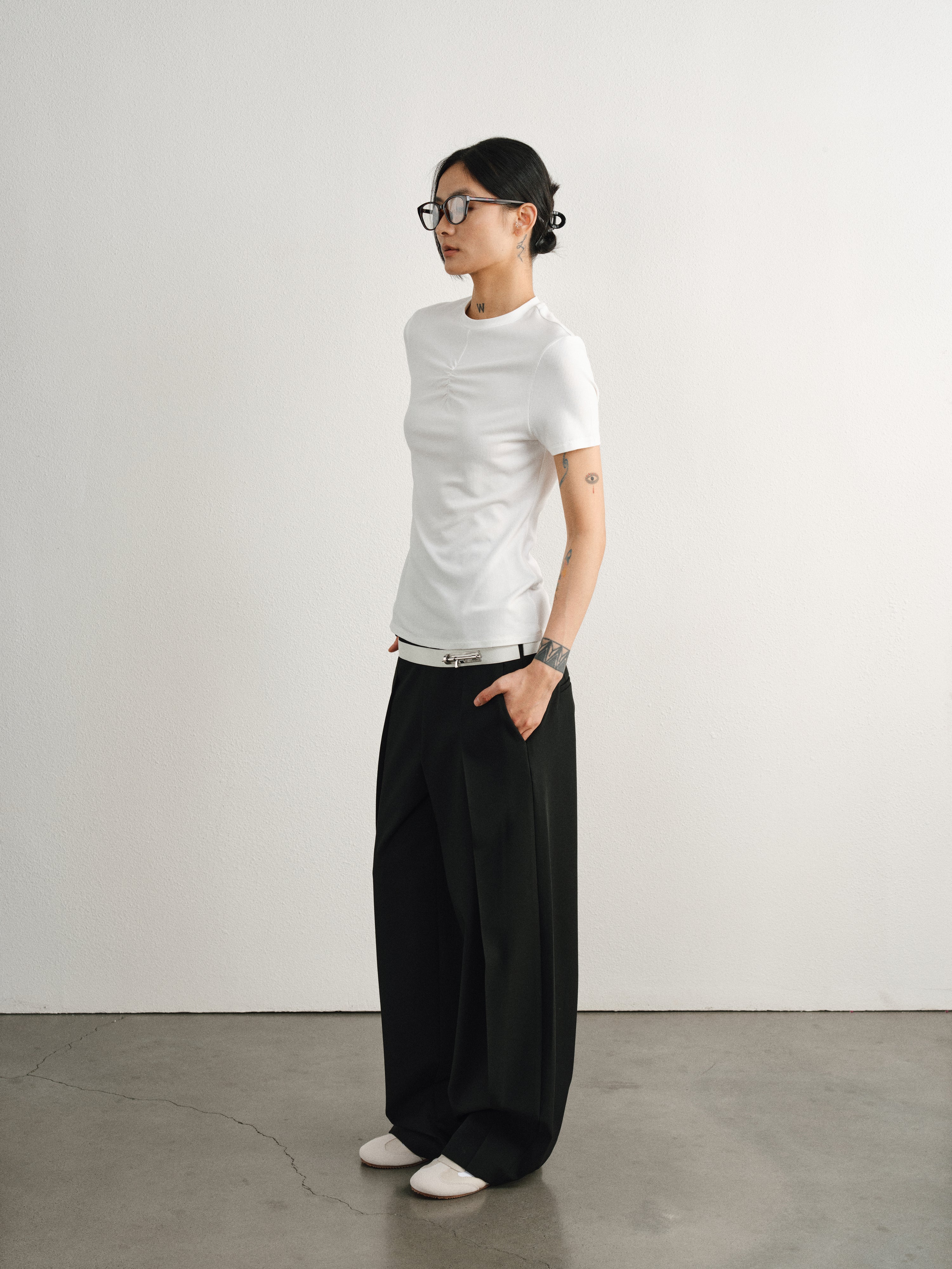 White Thin Silk Pleated T-shirt
