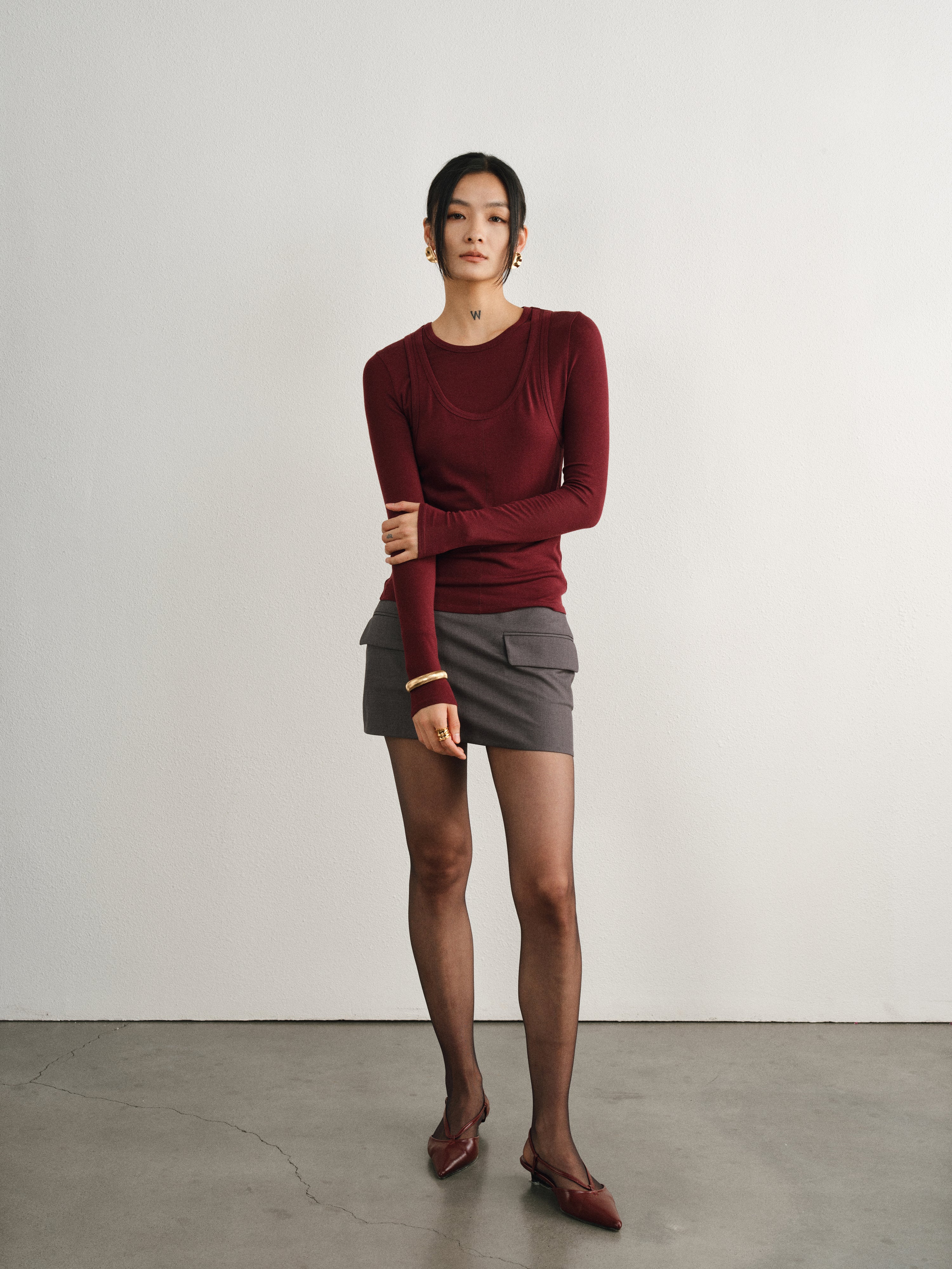 Merlot Red Tencel Sheep Wool Fake Two-Piece Top