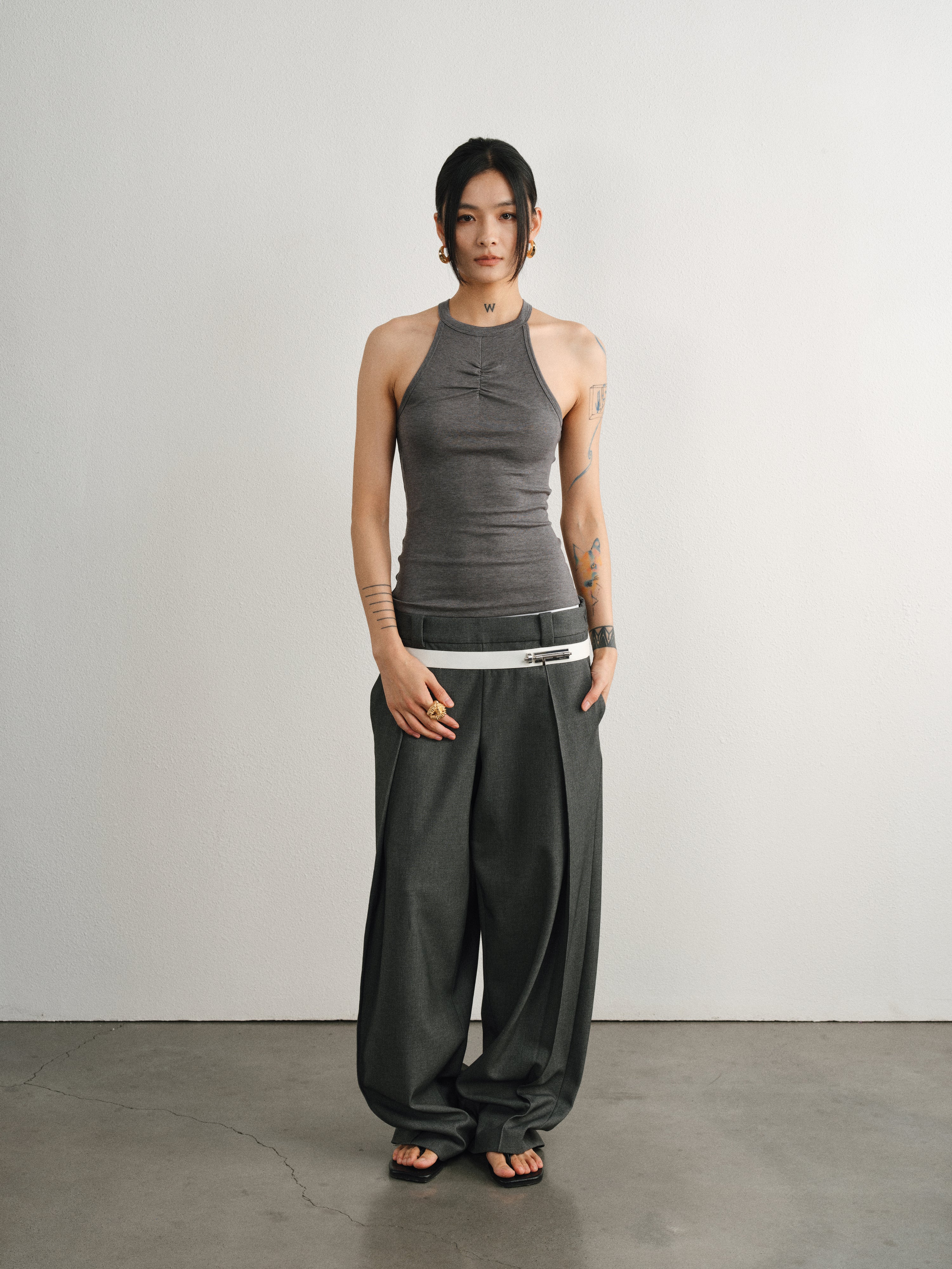 Grey Tencel Wool Hoop Neck Pleated Vest