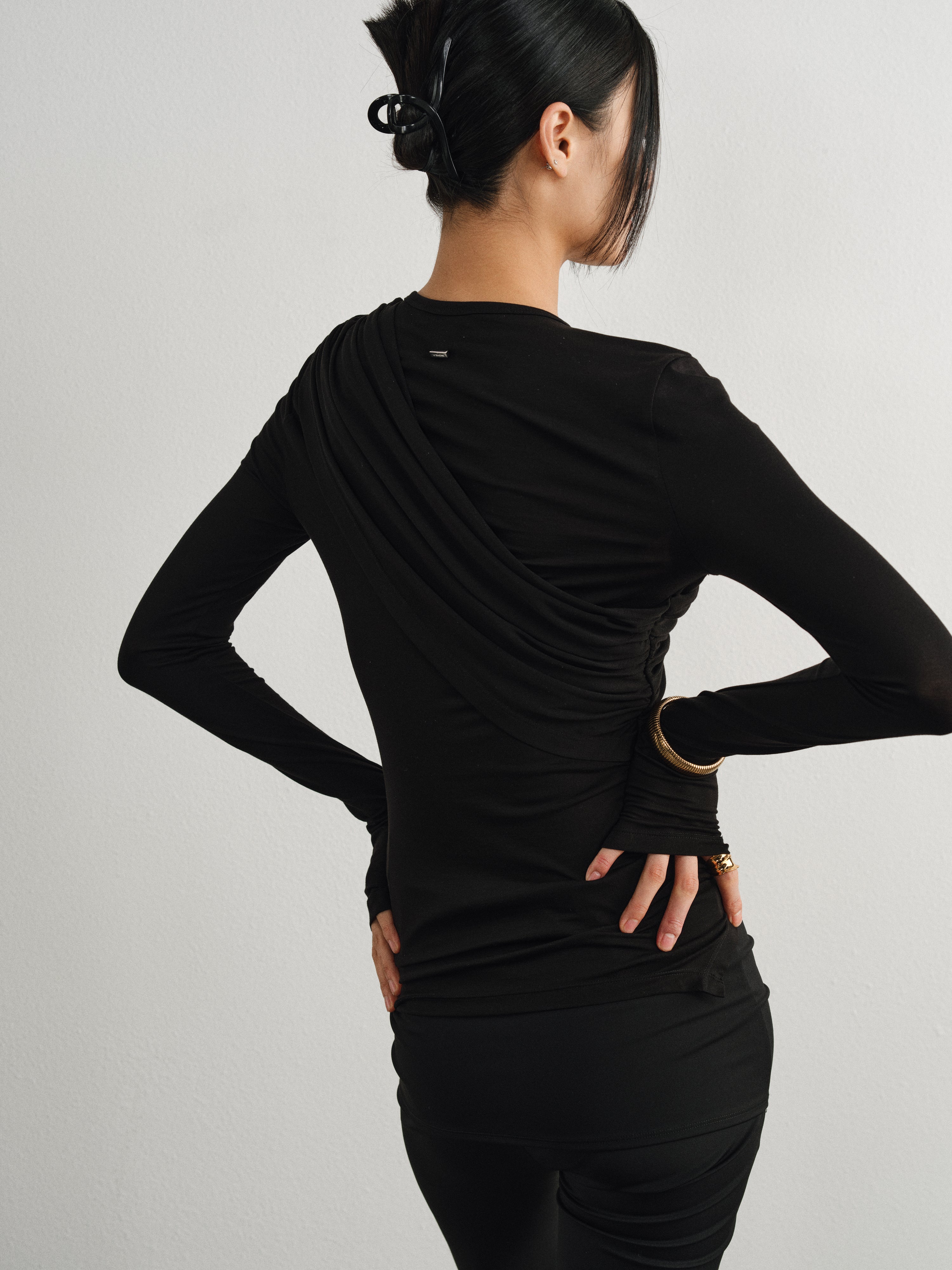 Black Sheer Asymmetric Pleated Long Sleeve Top