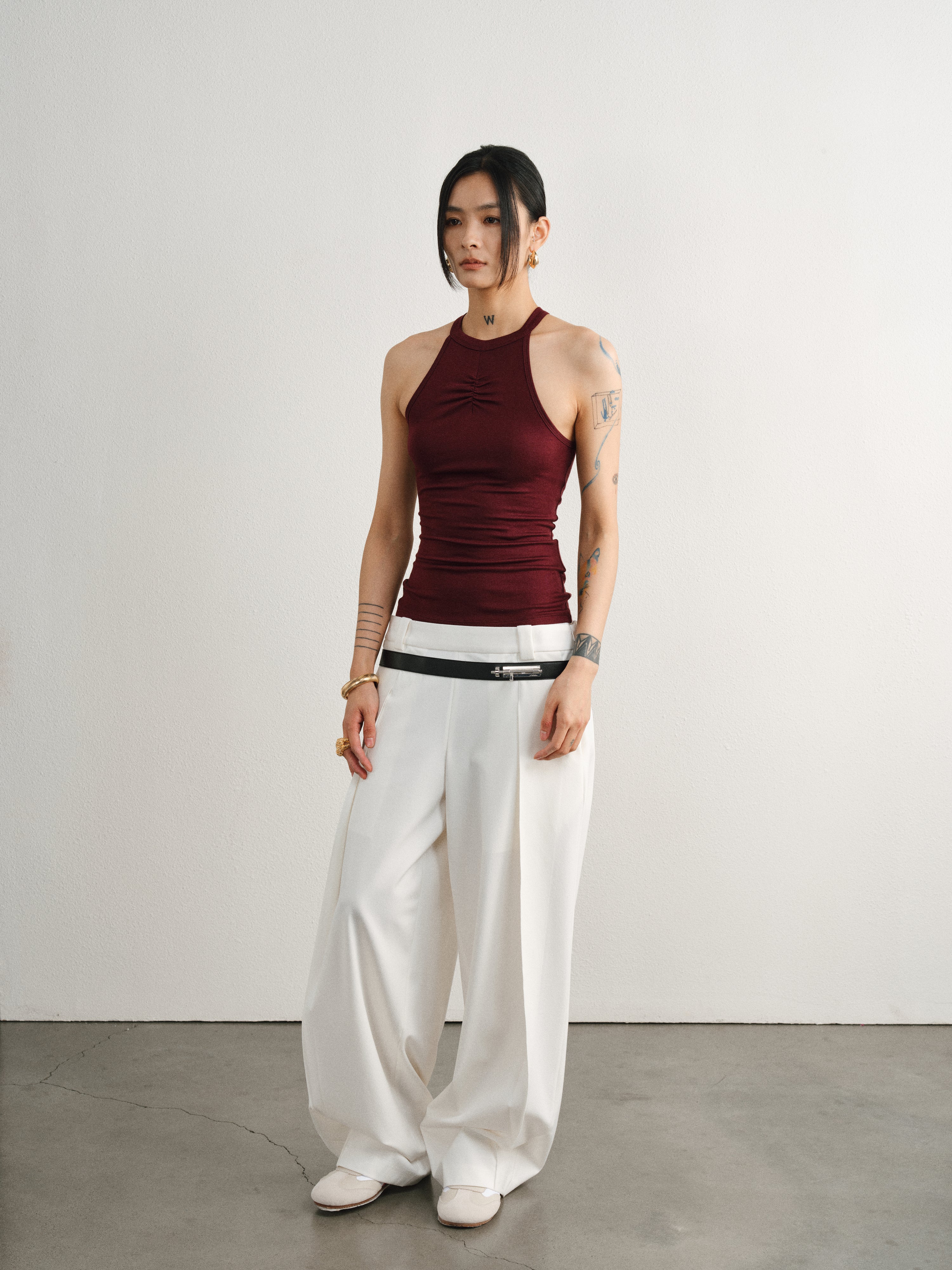 Merlot Red Tencel Wool Hoop Neck Pleated Vest