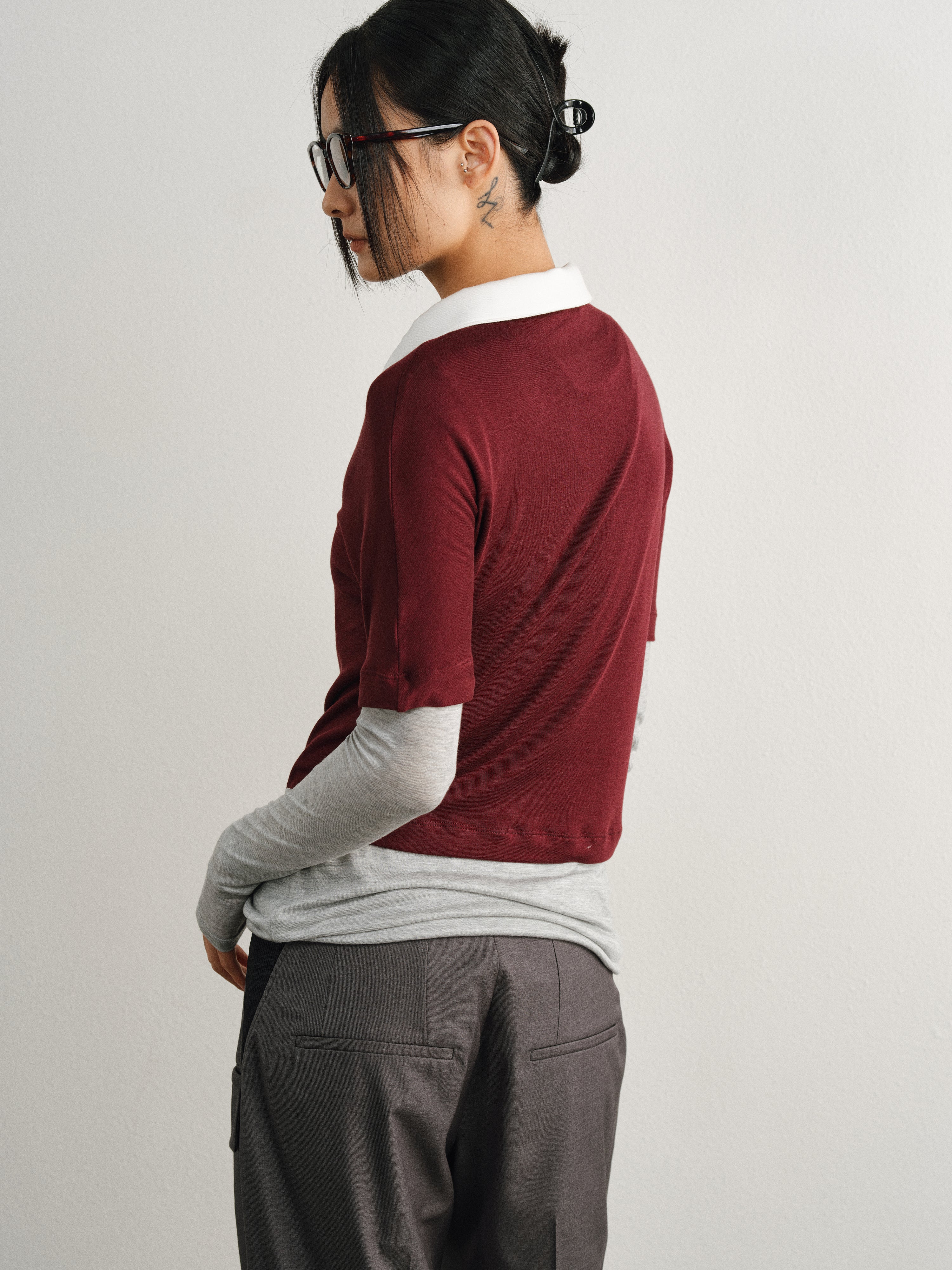 Merlot Red Tencel Wool Polo Top