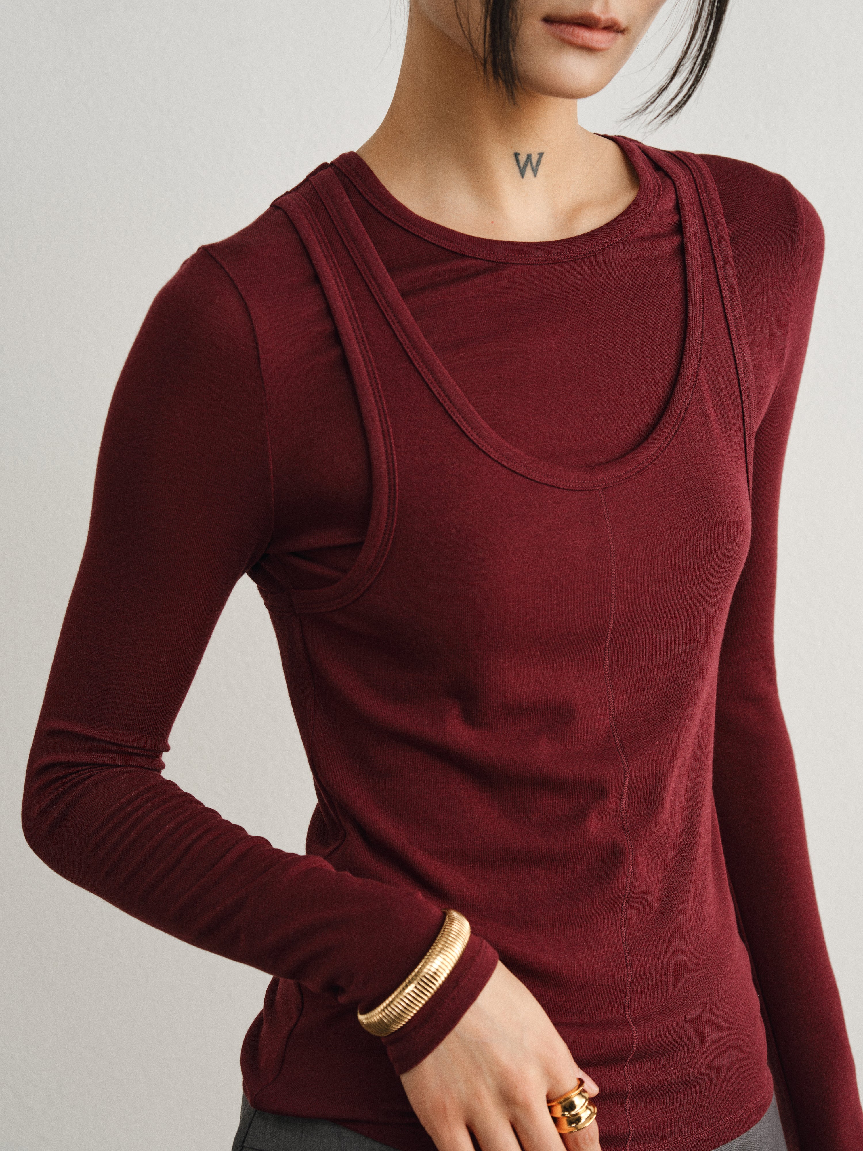 Merlot Red Tencel Sheep Wool Fake Two-Piece Top