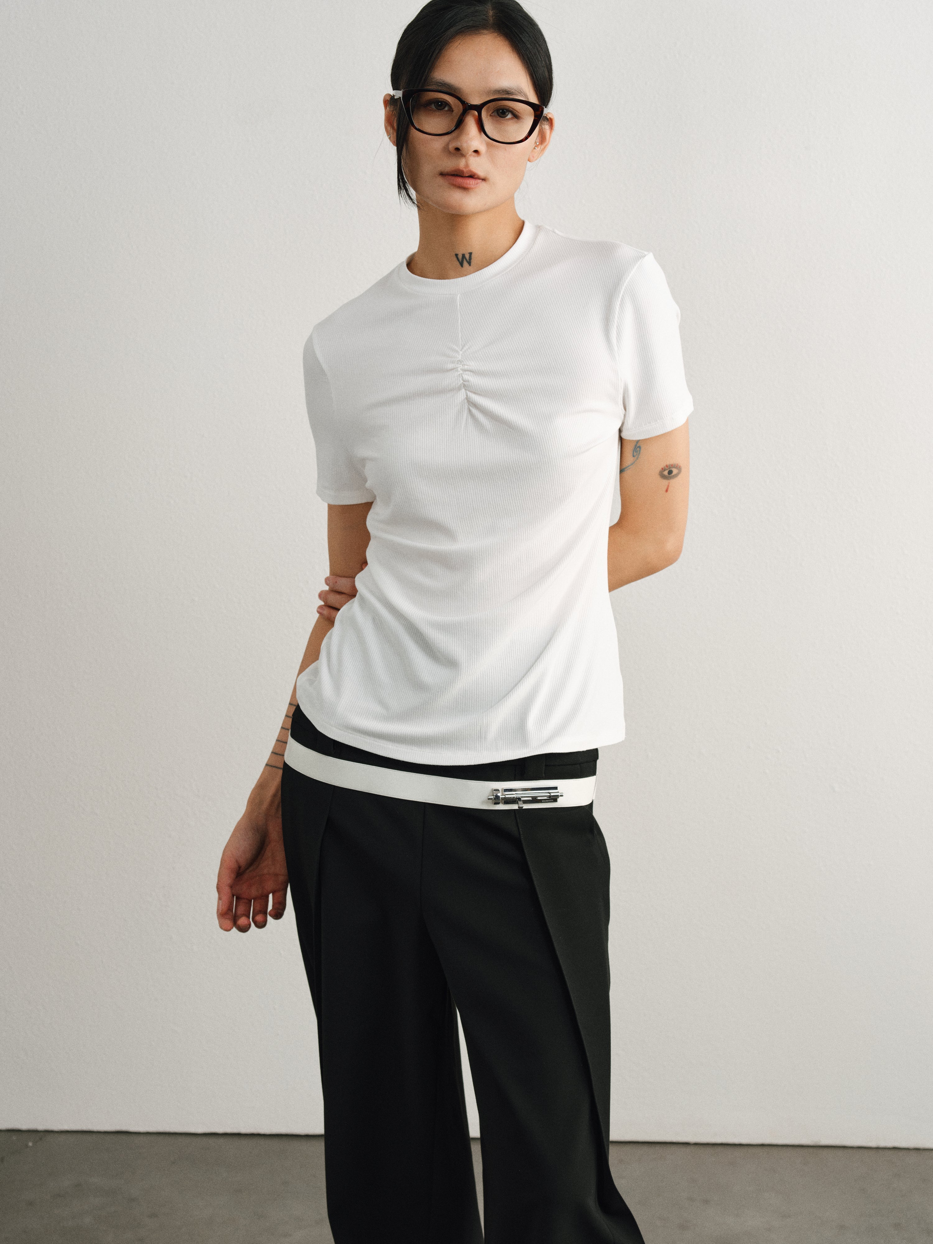 White Thin Silk Pleated T-shirt