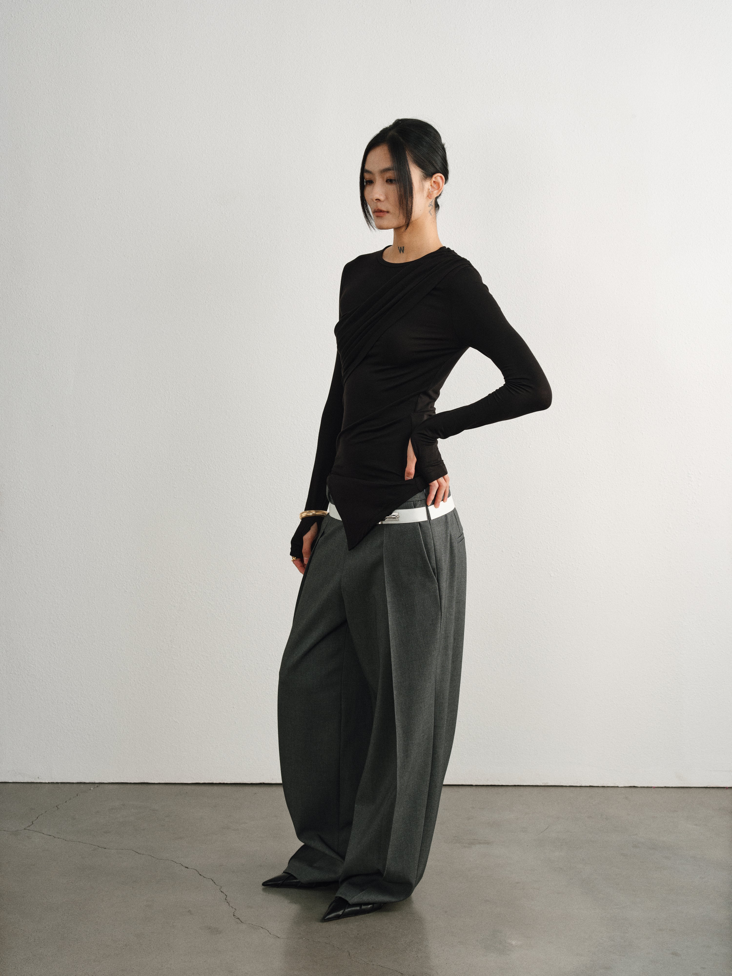 Black Sheer Asymmetric Pleated Long Sleeve Top