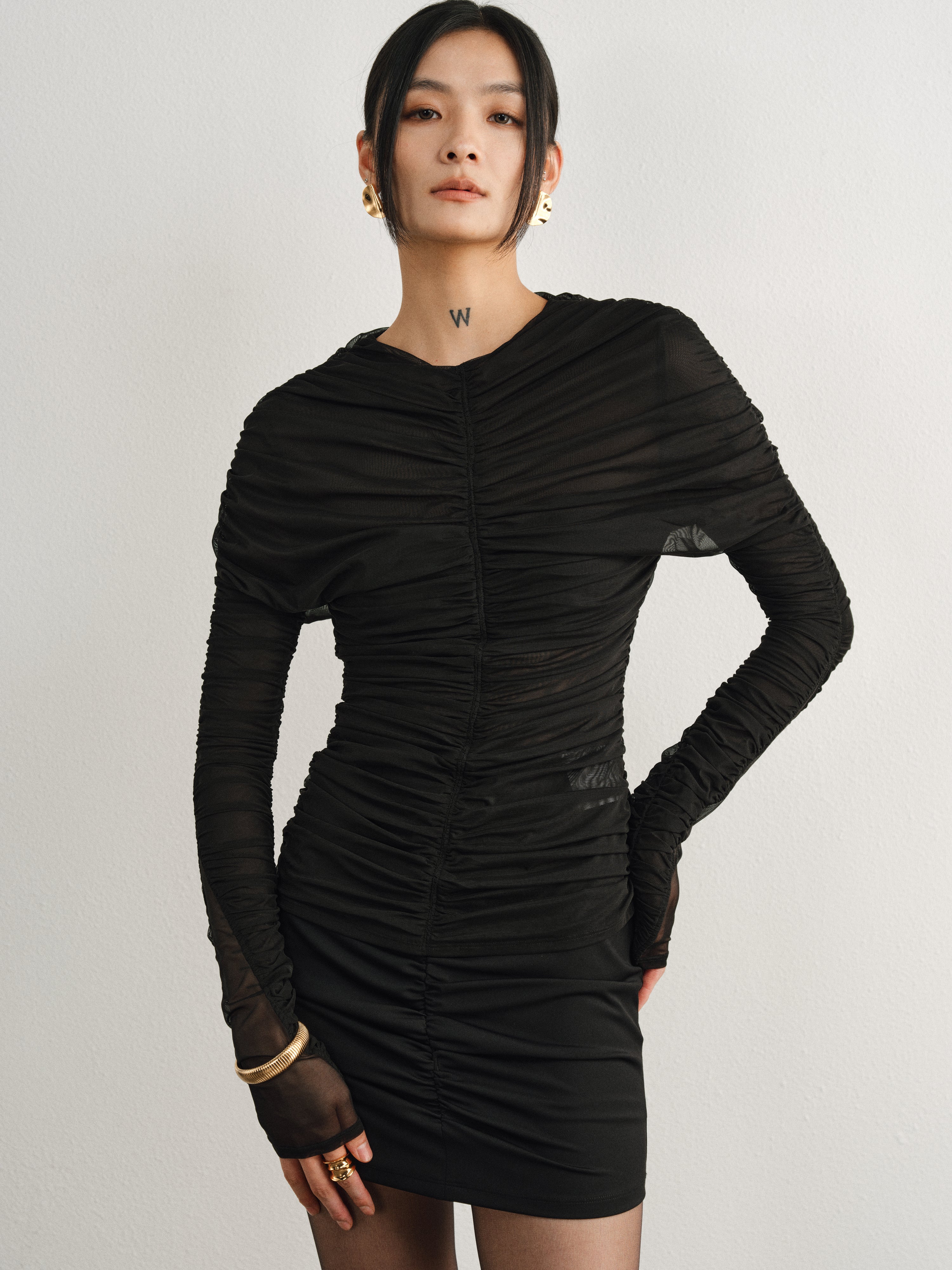 Black Stretch Mesh Pleated Long Sleeve Top