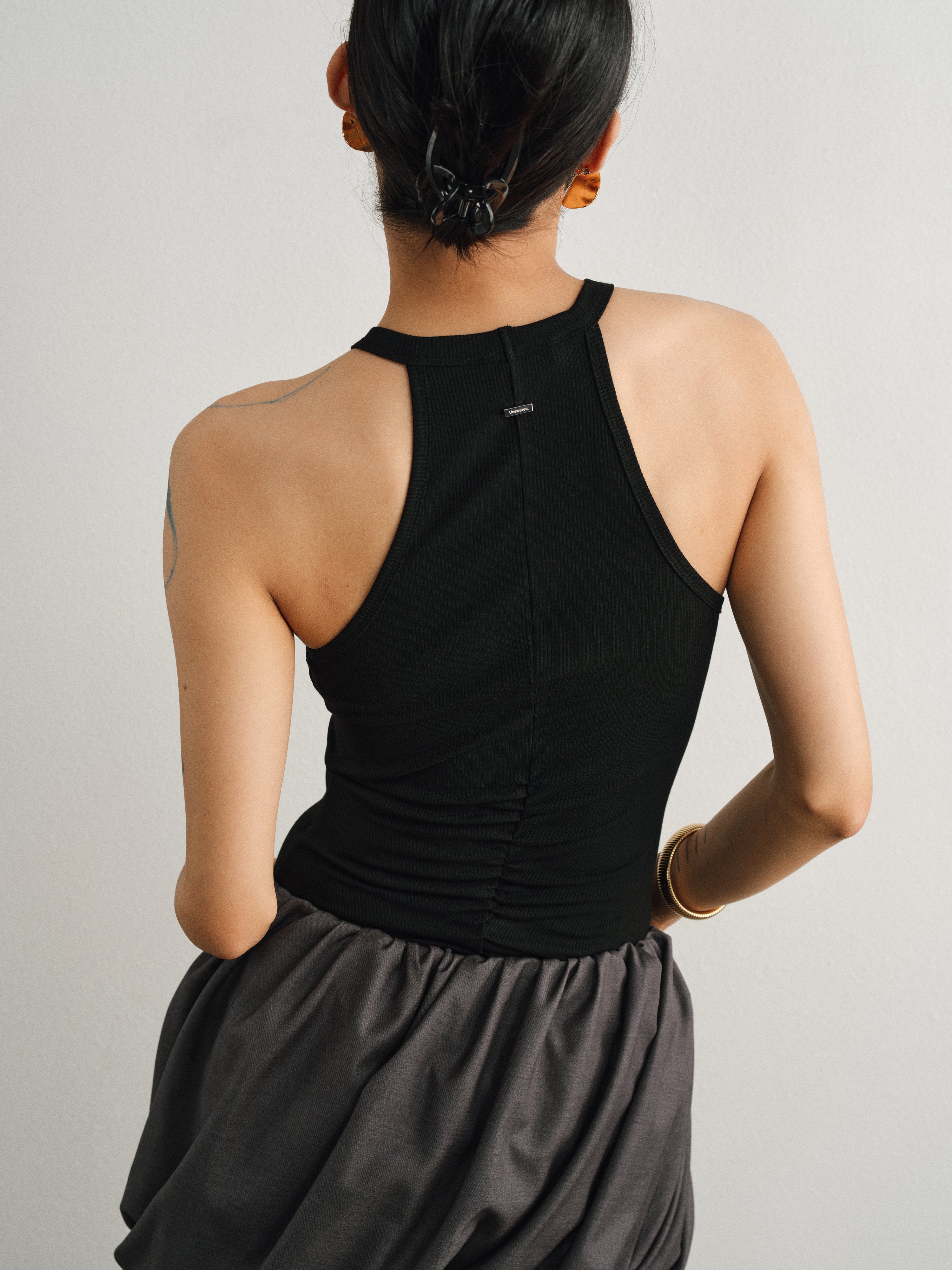 Black Ribbed Ring Neck Pleated Tank Top