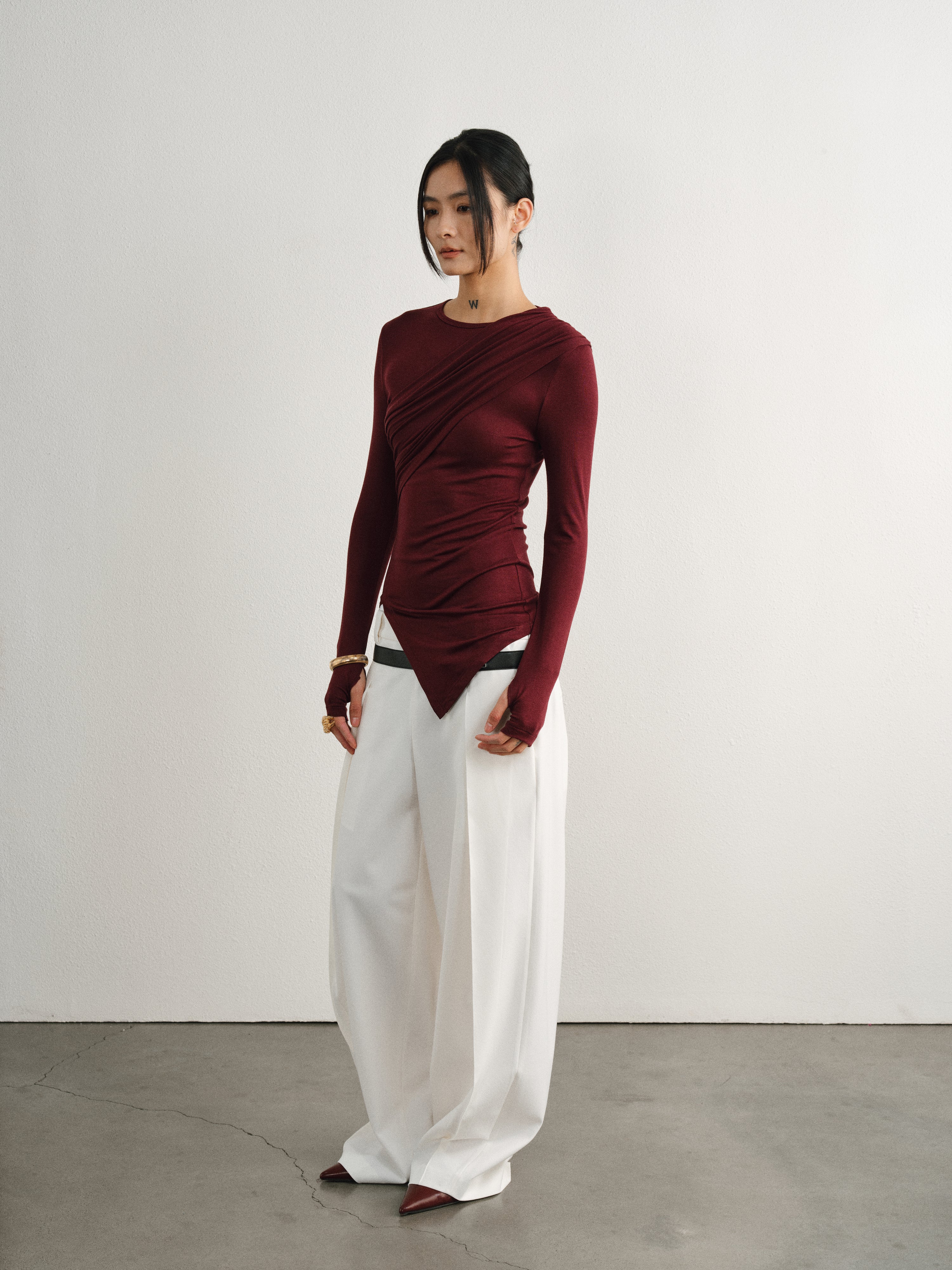 Merlot Red Sheer Asymmetric Pleated Long Sleeve Top