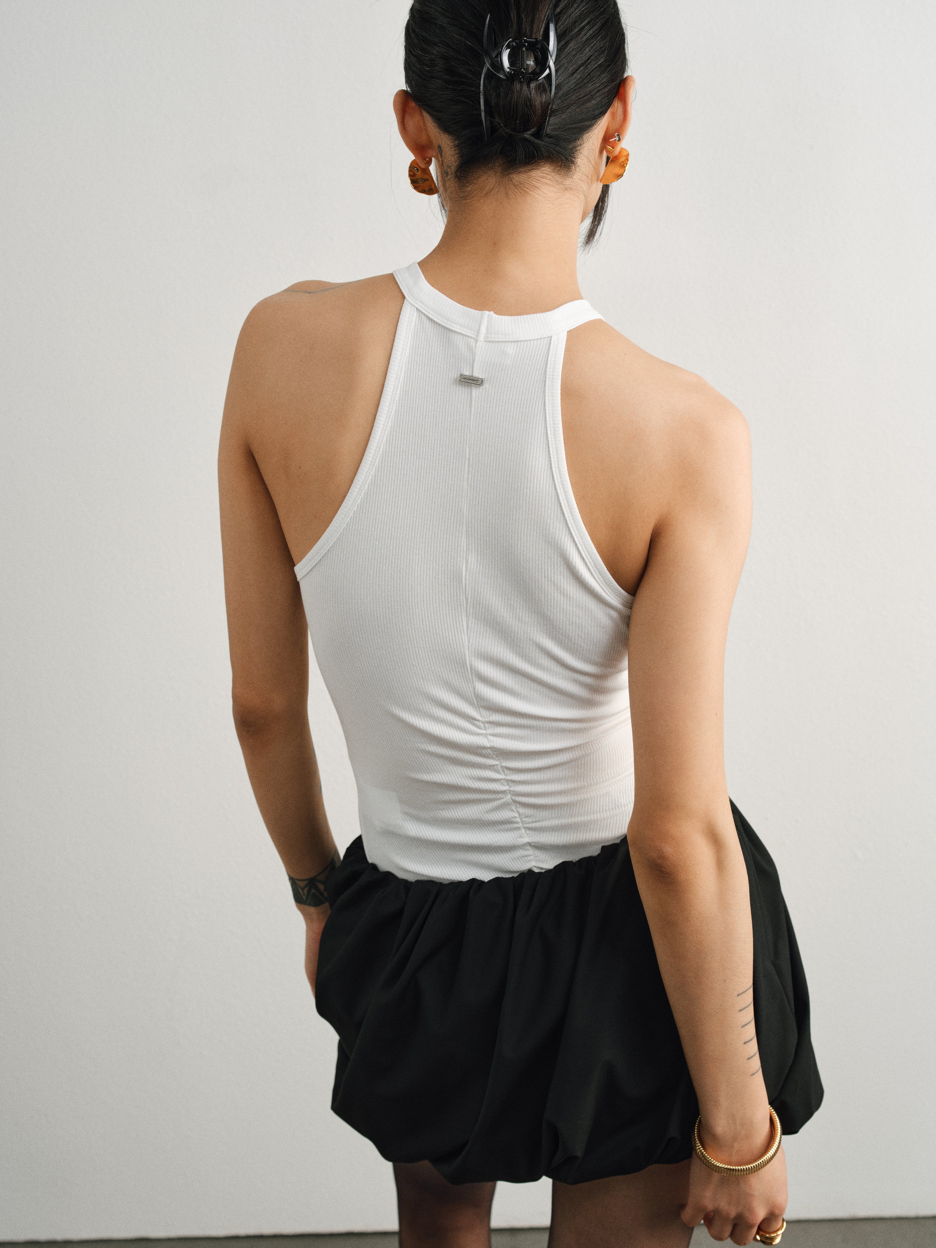 White Ribbed Ring Neck Pleated Tank Top