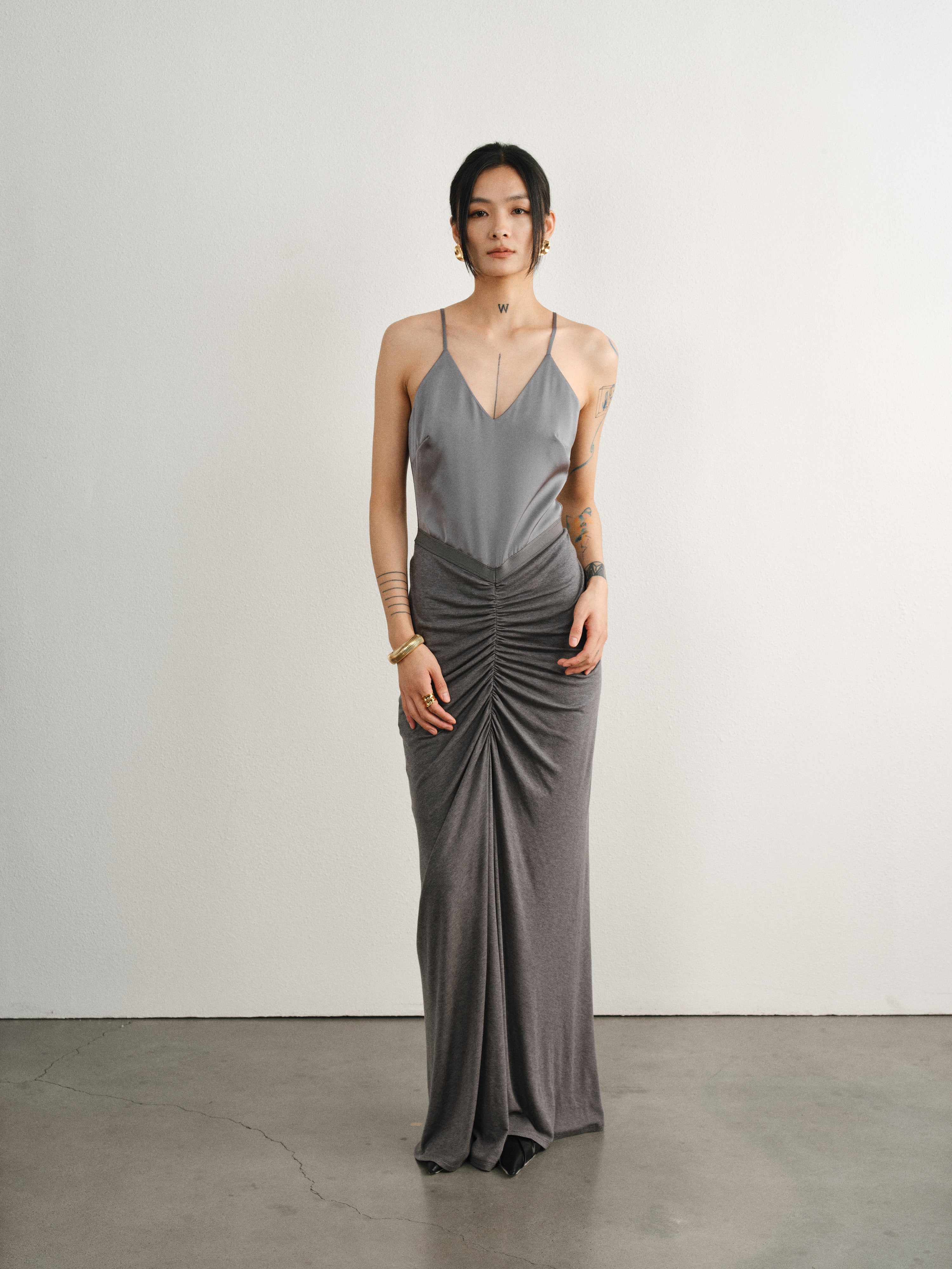 Grey Tencel Wool Pleated Sling Dress