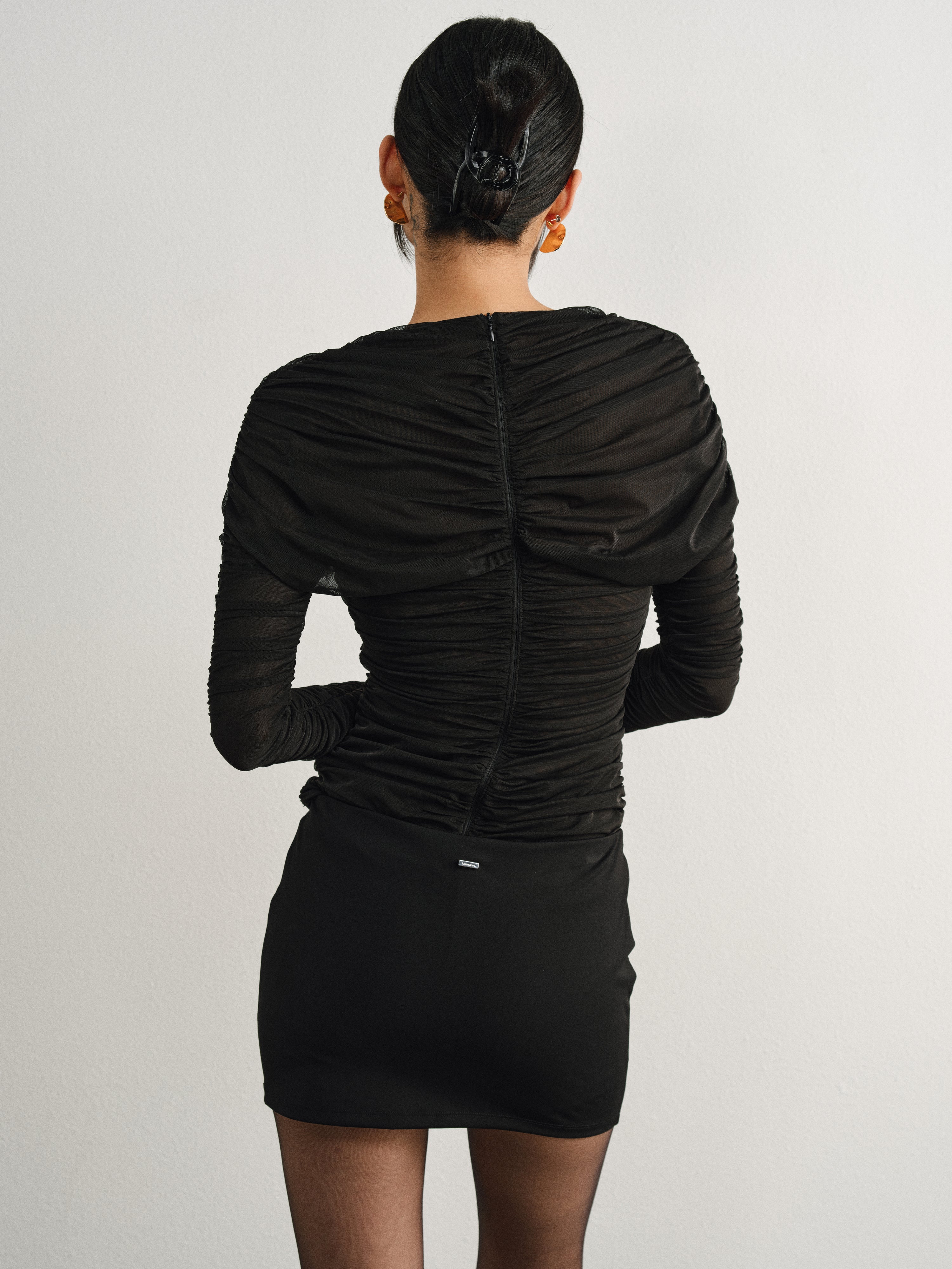 Black Stretch Mesh Pleated Long Sleeve Top
