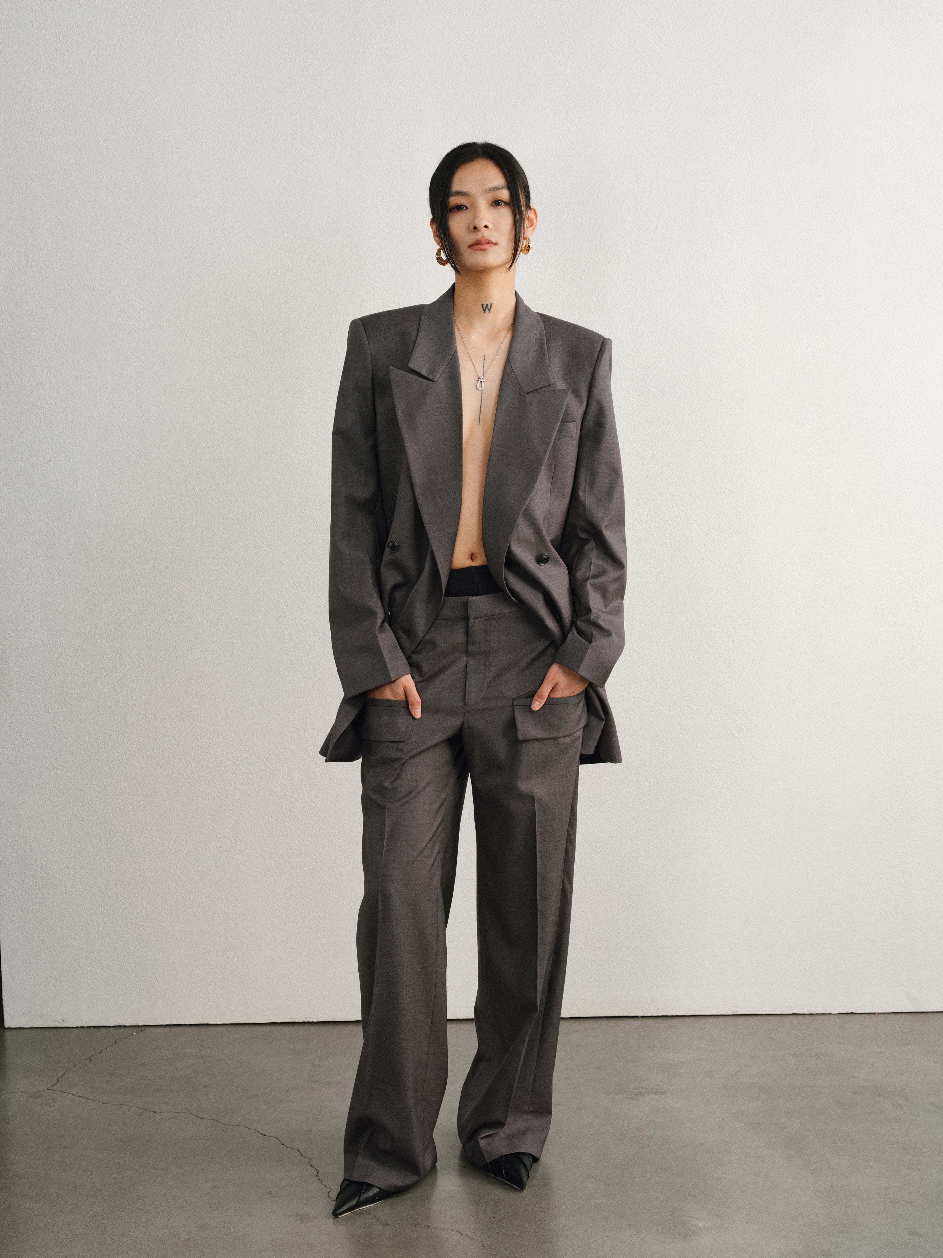 Grey Old Money Style Wool Loose Trousers
