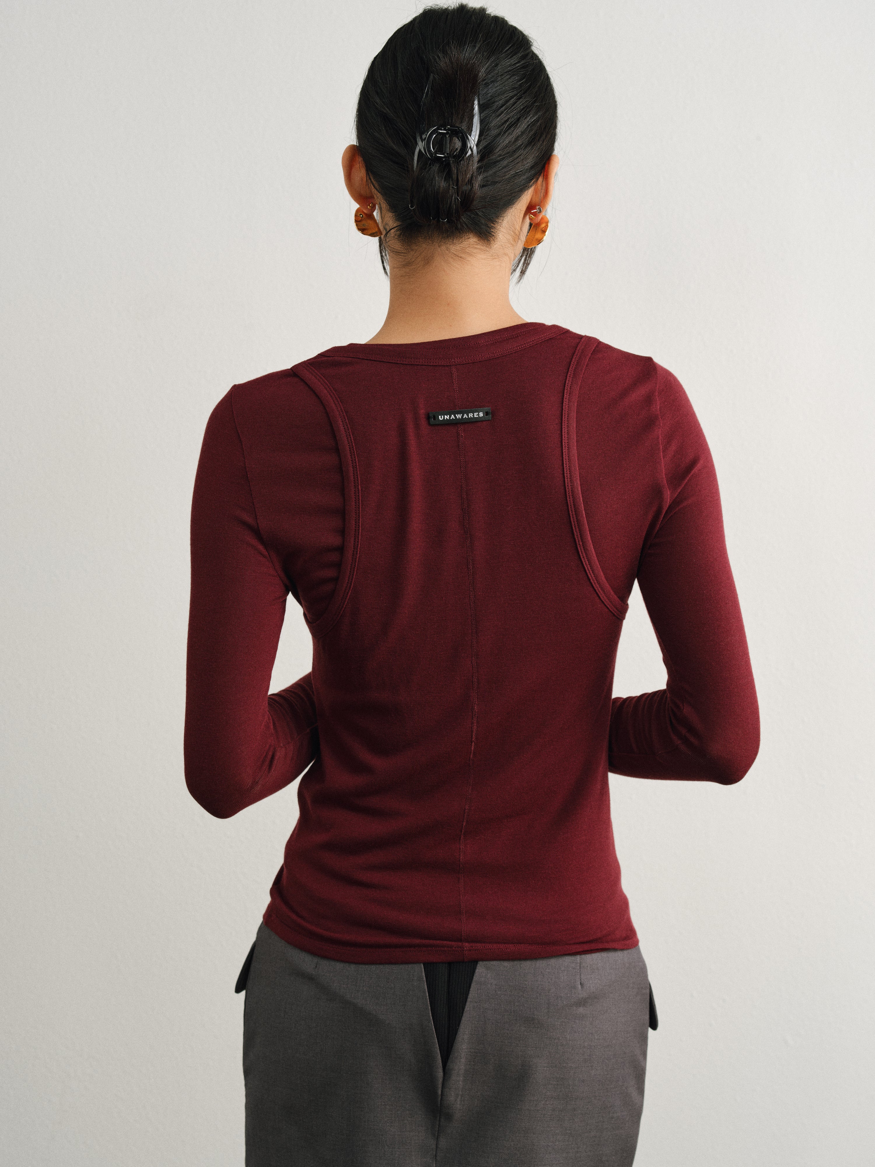 Merlot Red Tencel Sheep Wool Fake Two-Piece Top