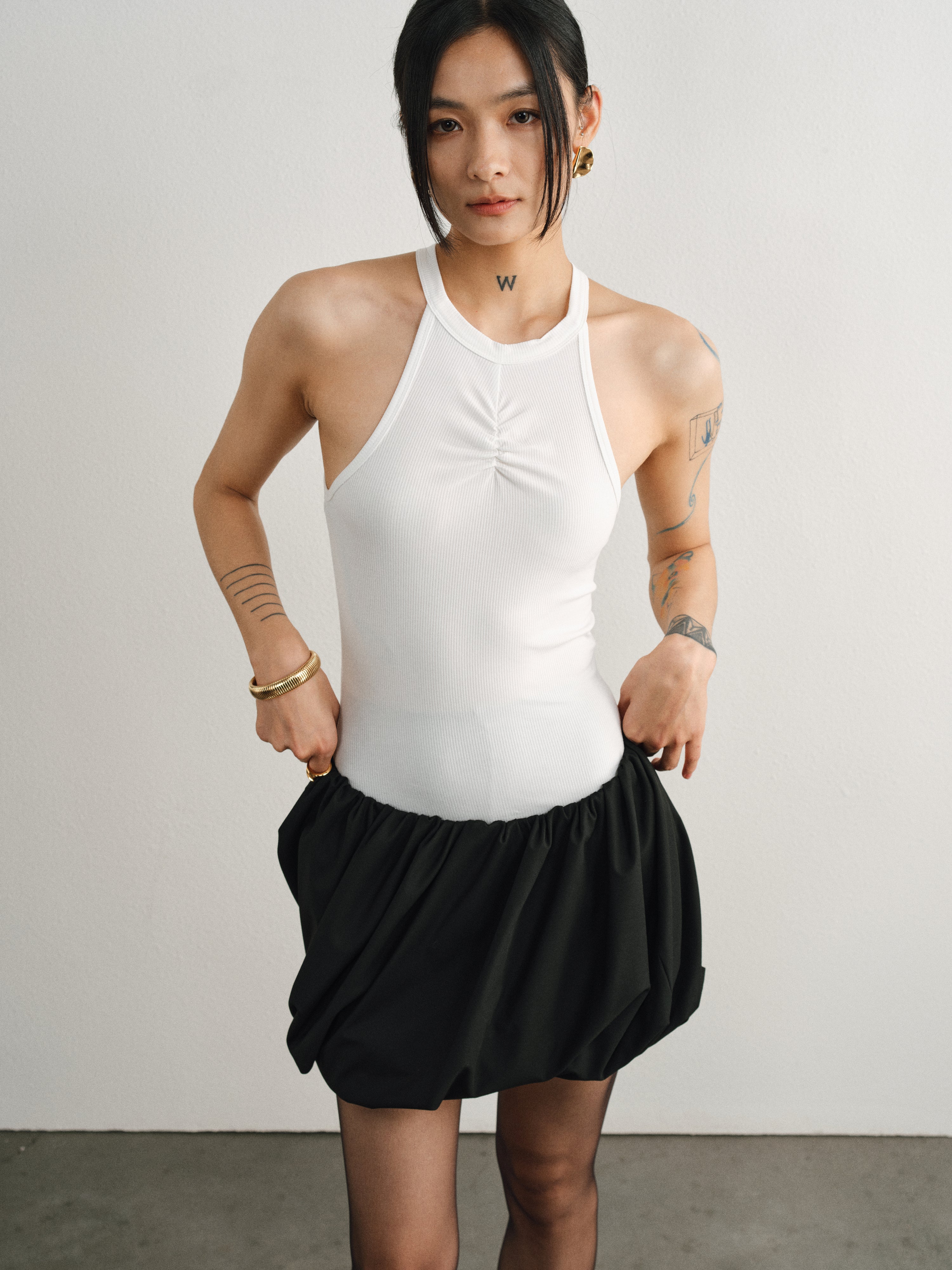 White Ribbed Ring Neck Pleated Tank Top
