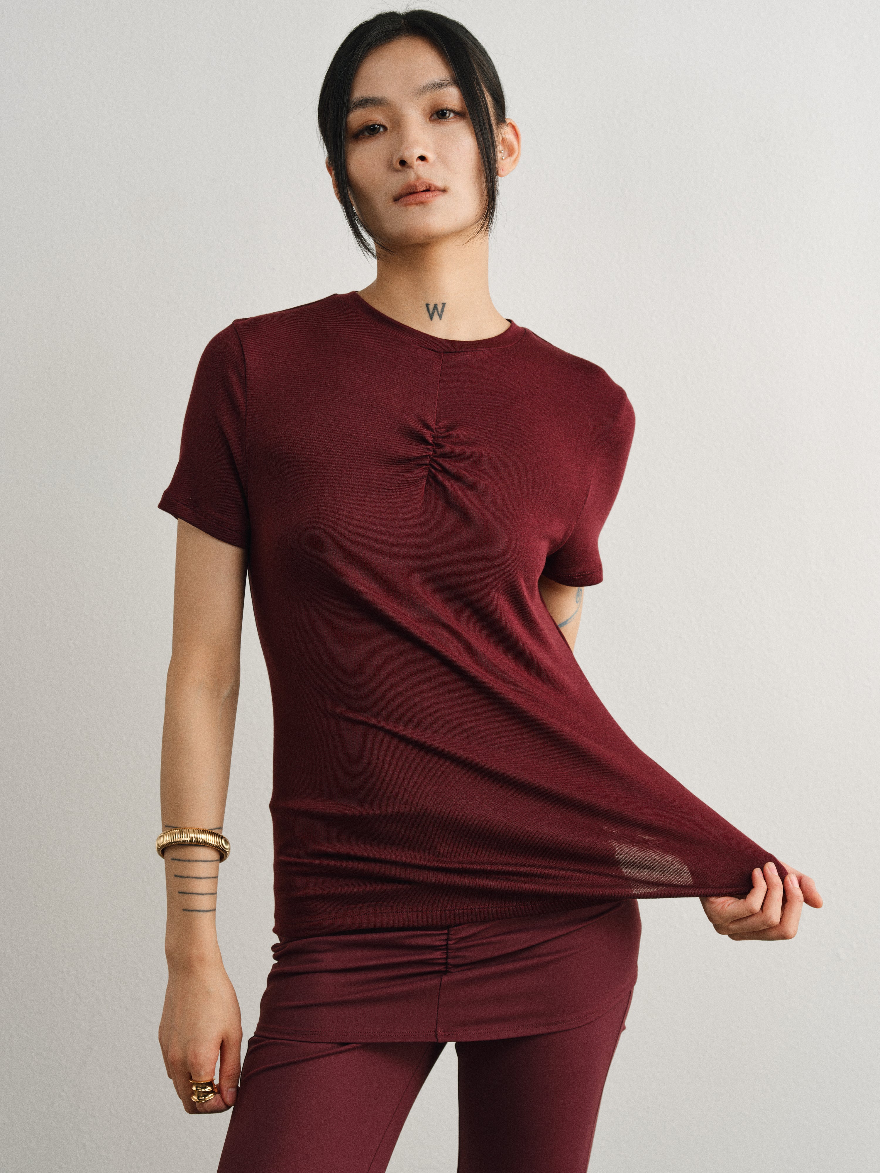 Merlot Red Tencel Wool Pleated T-Shirt