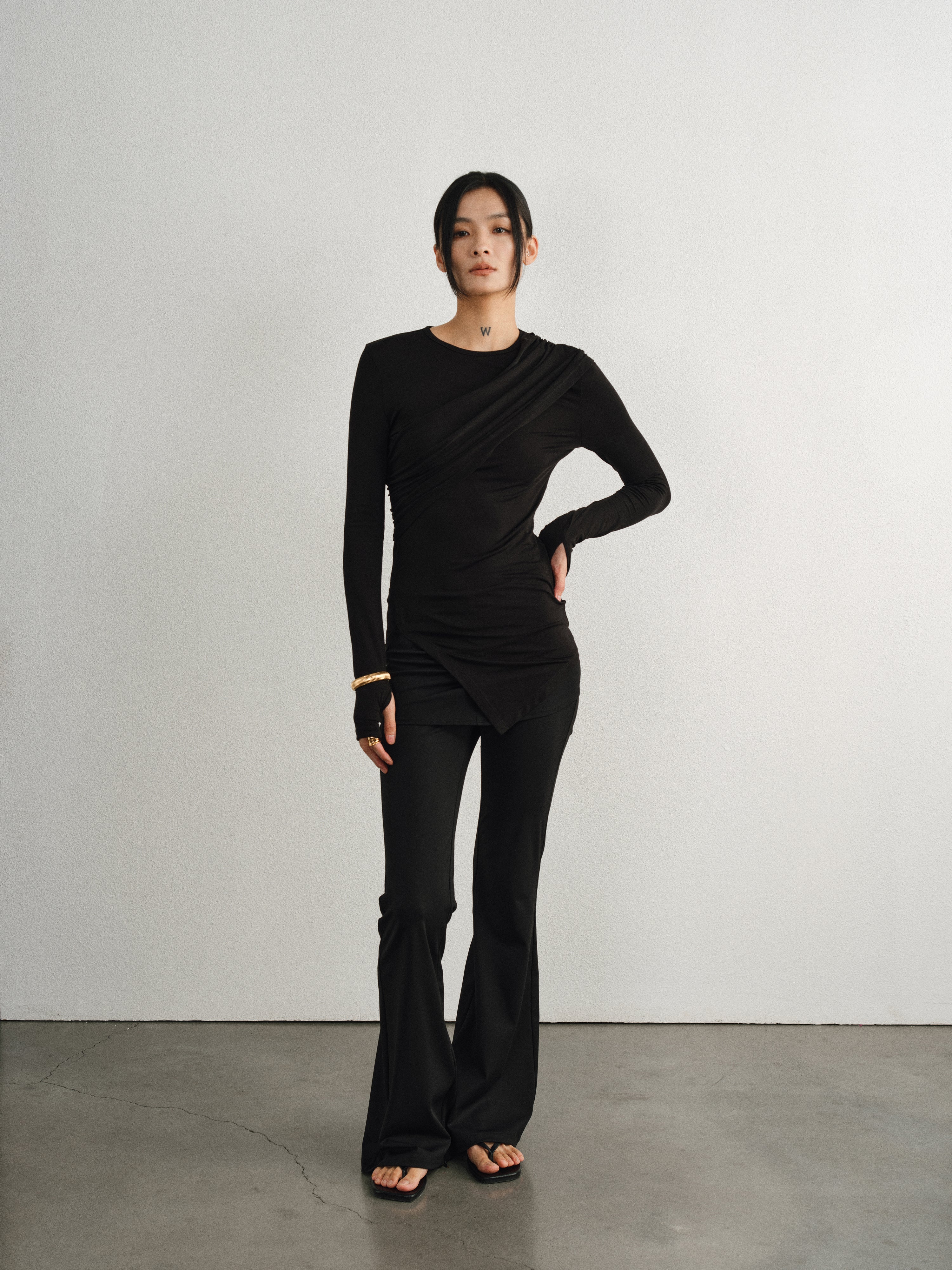 Black Fake Two-Piece Pleated Yoga Flared Pants