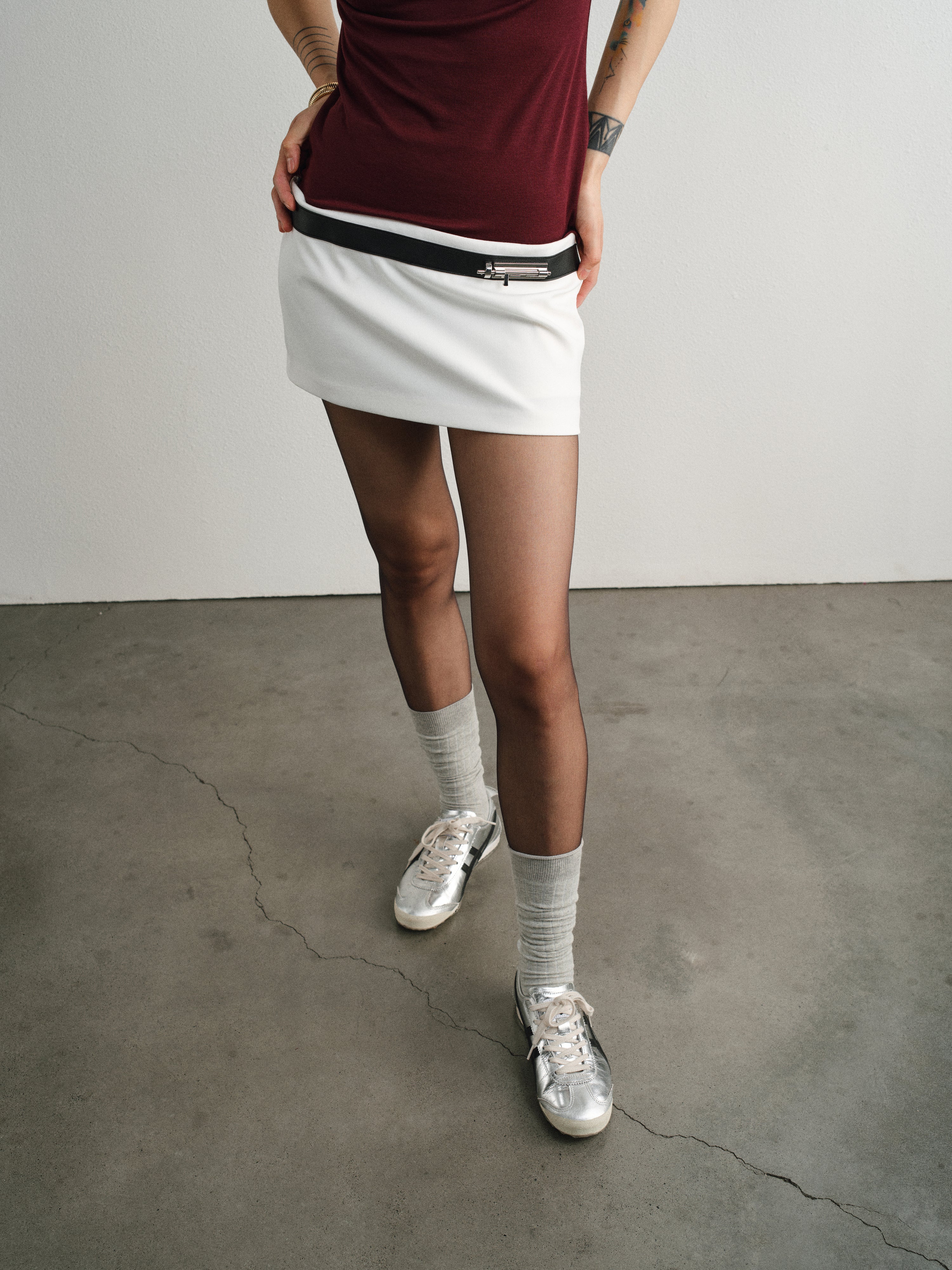 White Double Waist Belt Buckle Skirt