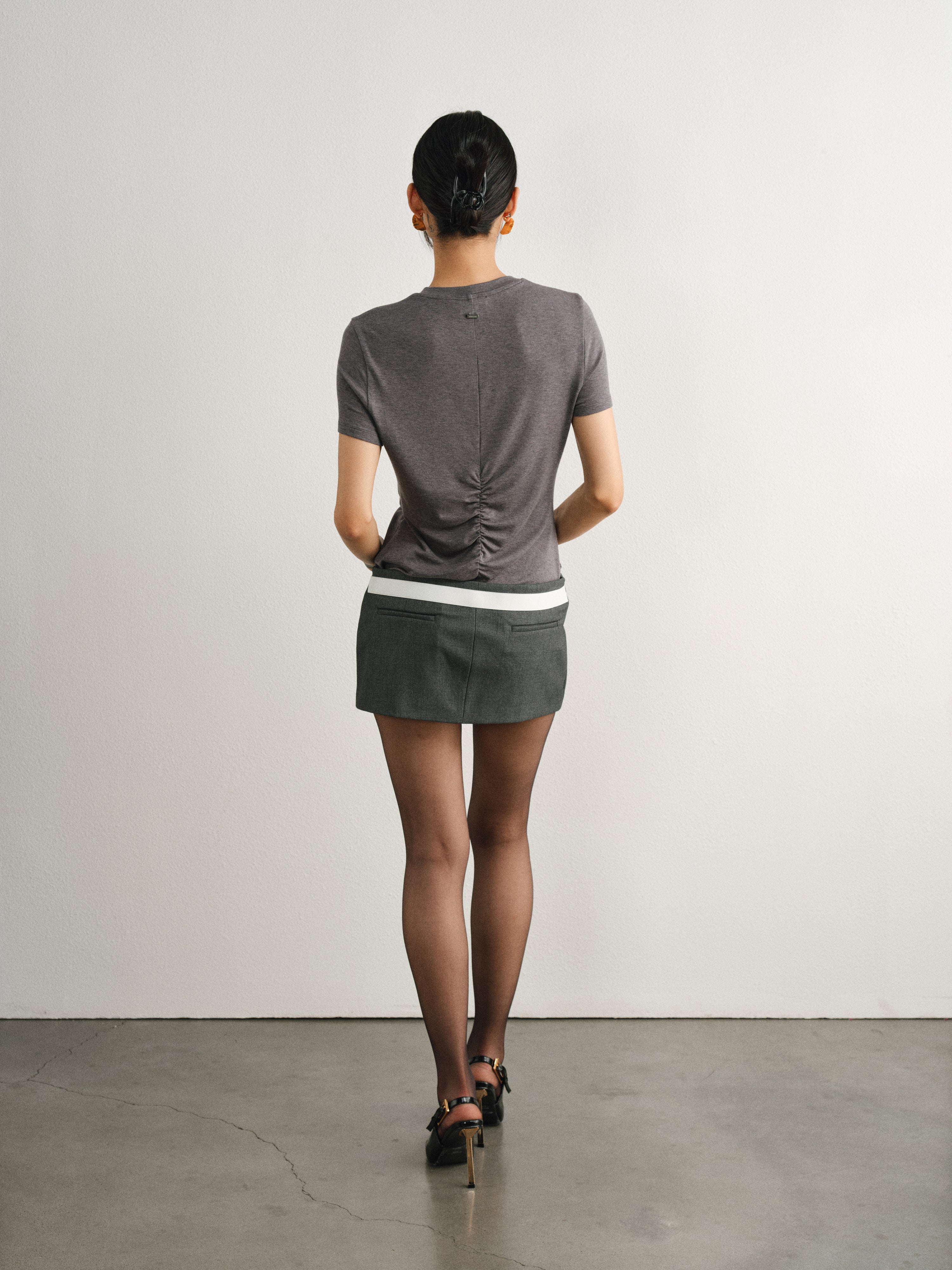 Grey Tencel Wool Pleated T-Shirt