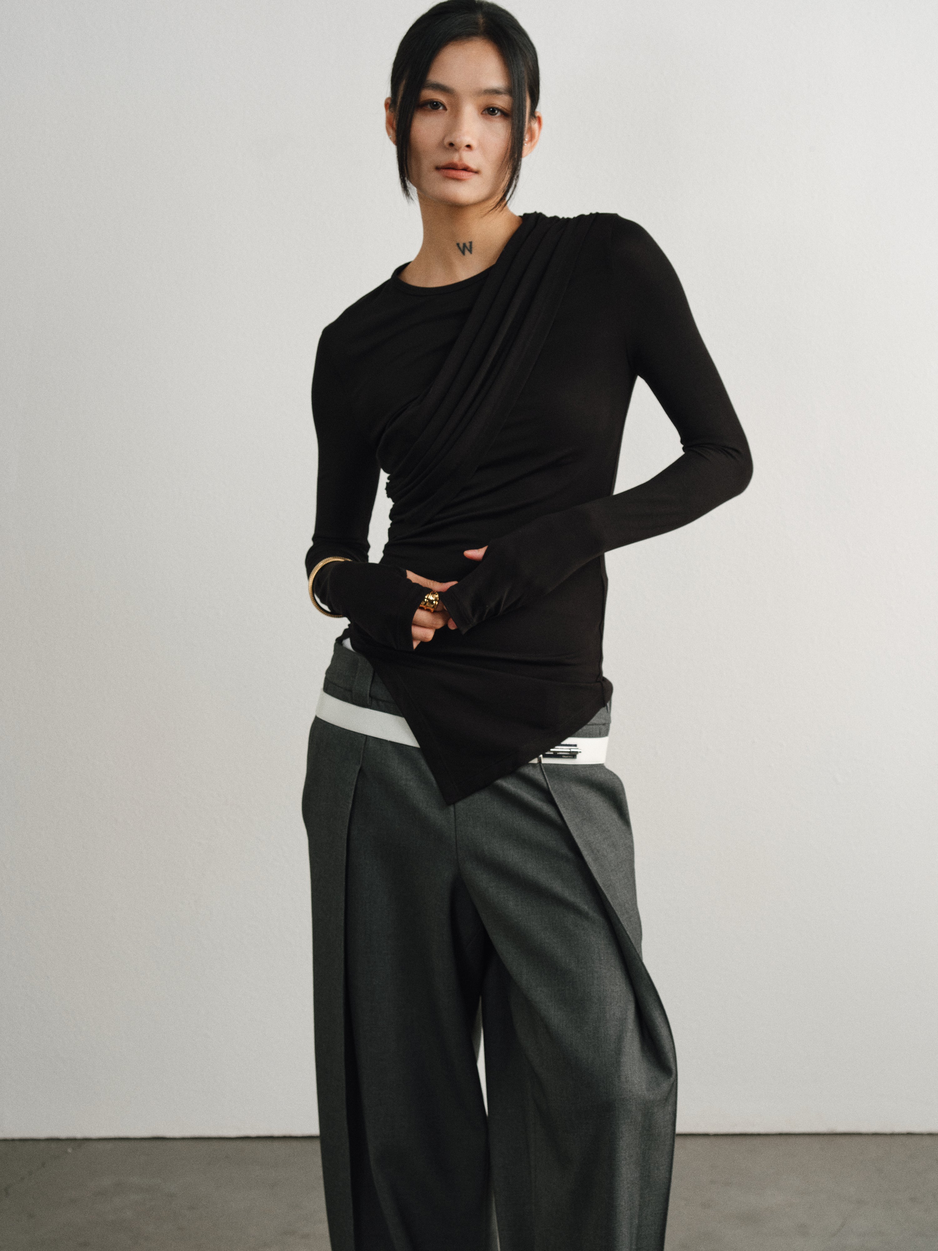 Black Sheer Asymmetric Pleated Long Sleeve Top
