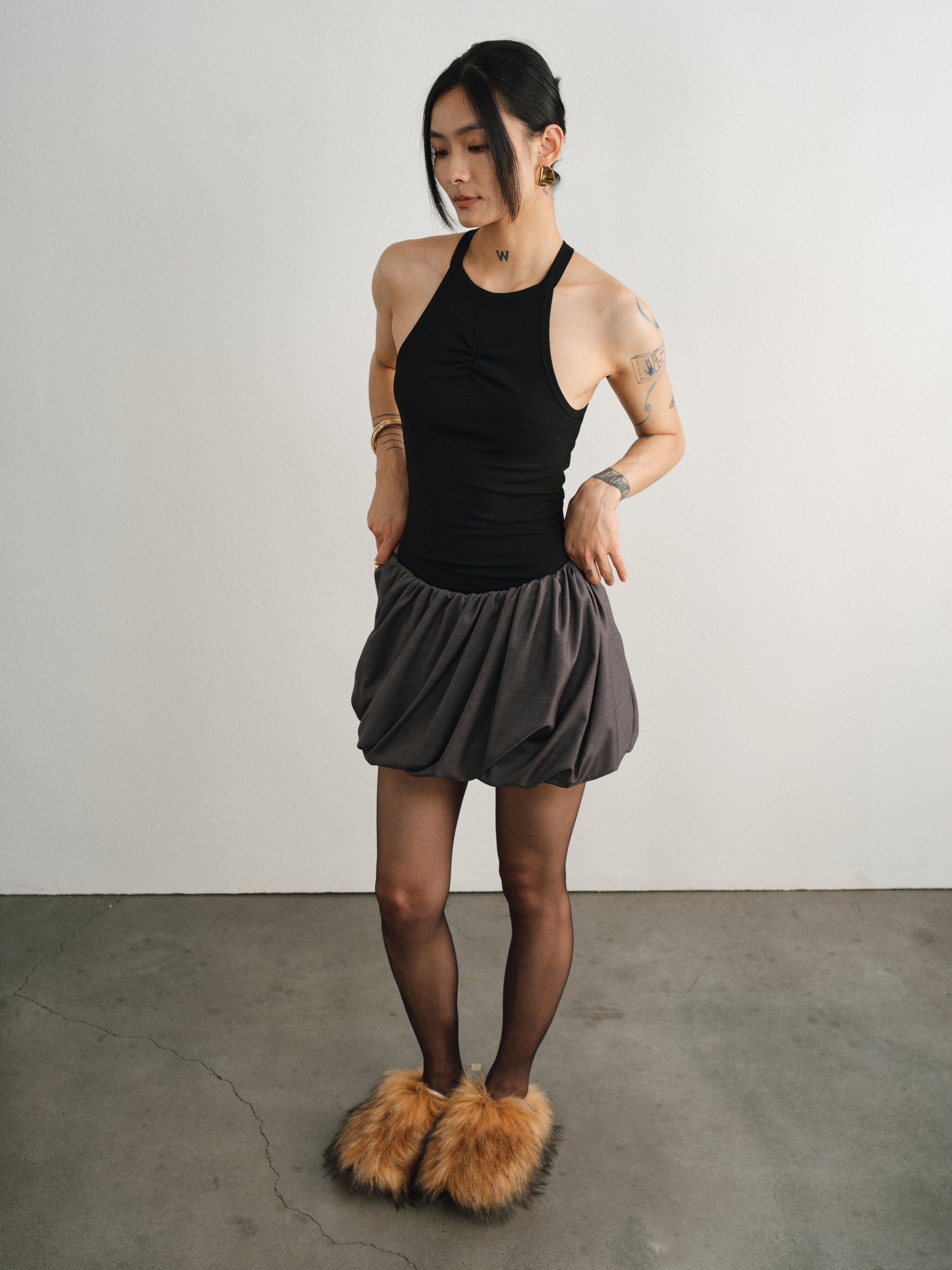 Grey Low-waist Pleated Bubble Skirt