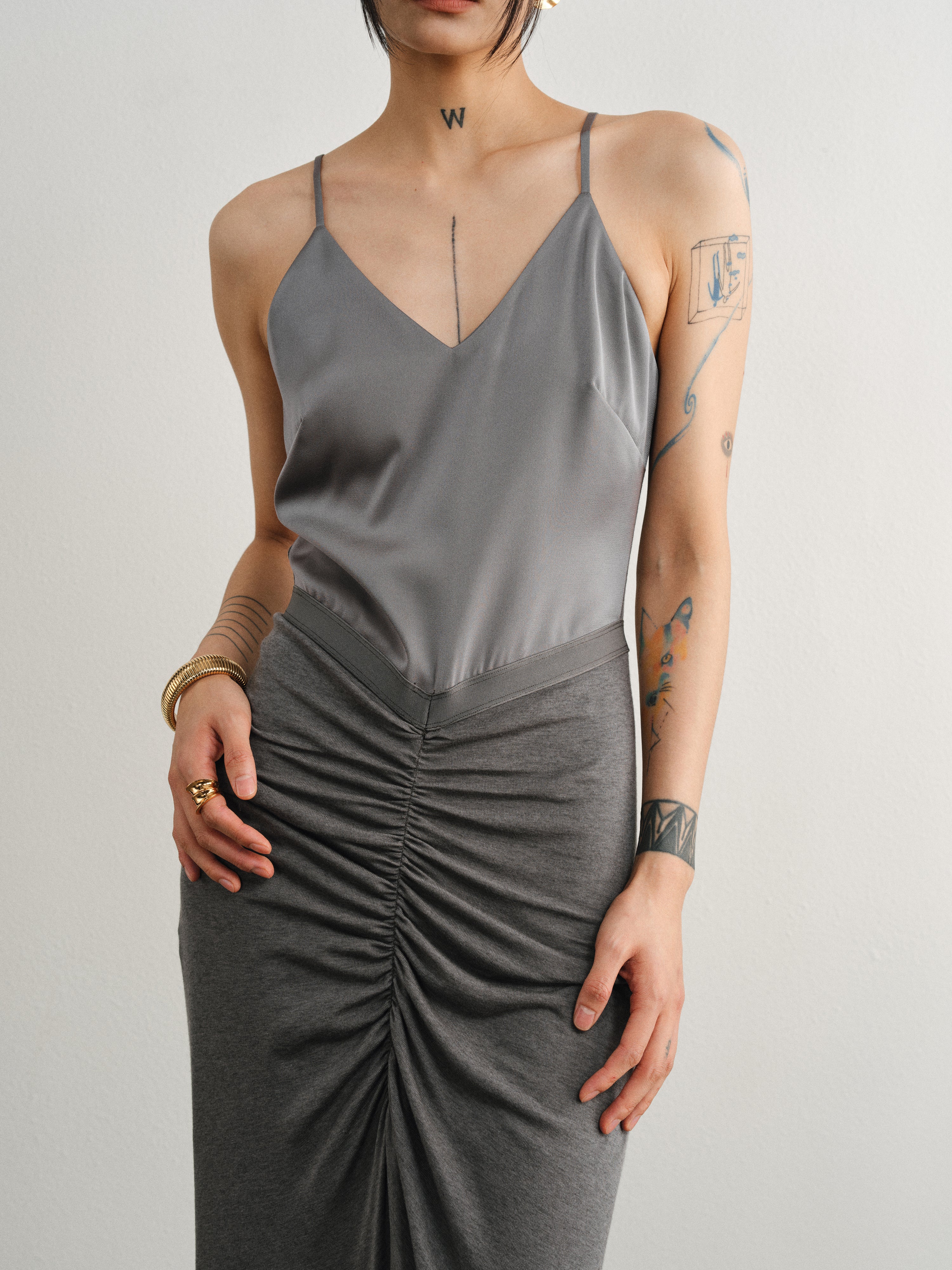 Grey Tencel Wool Pleated Sling Dress