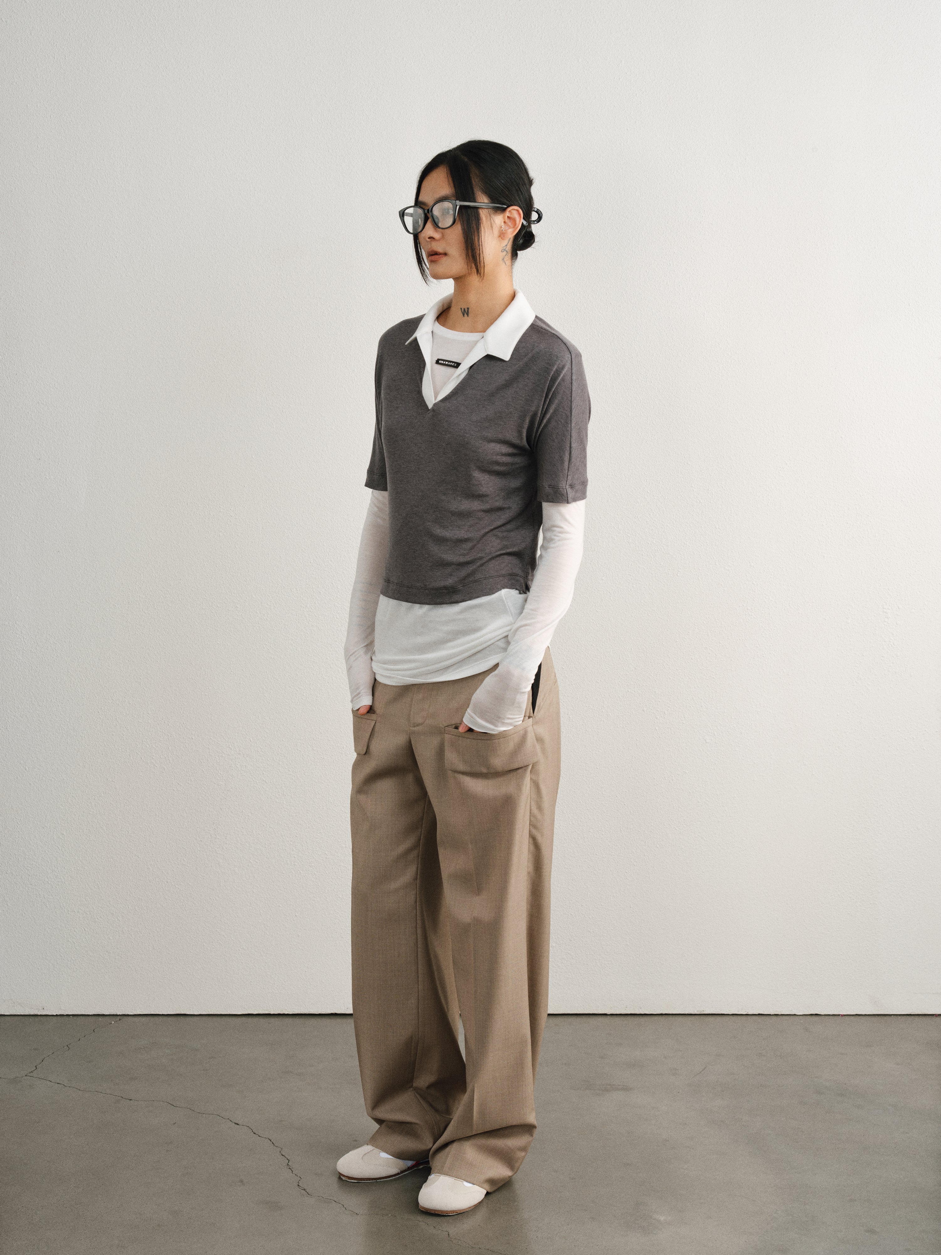 Grey Tencel Wool Polo Top