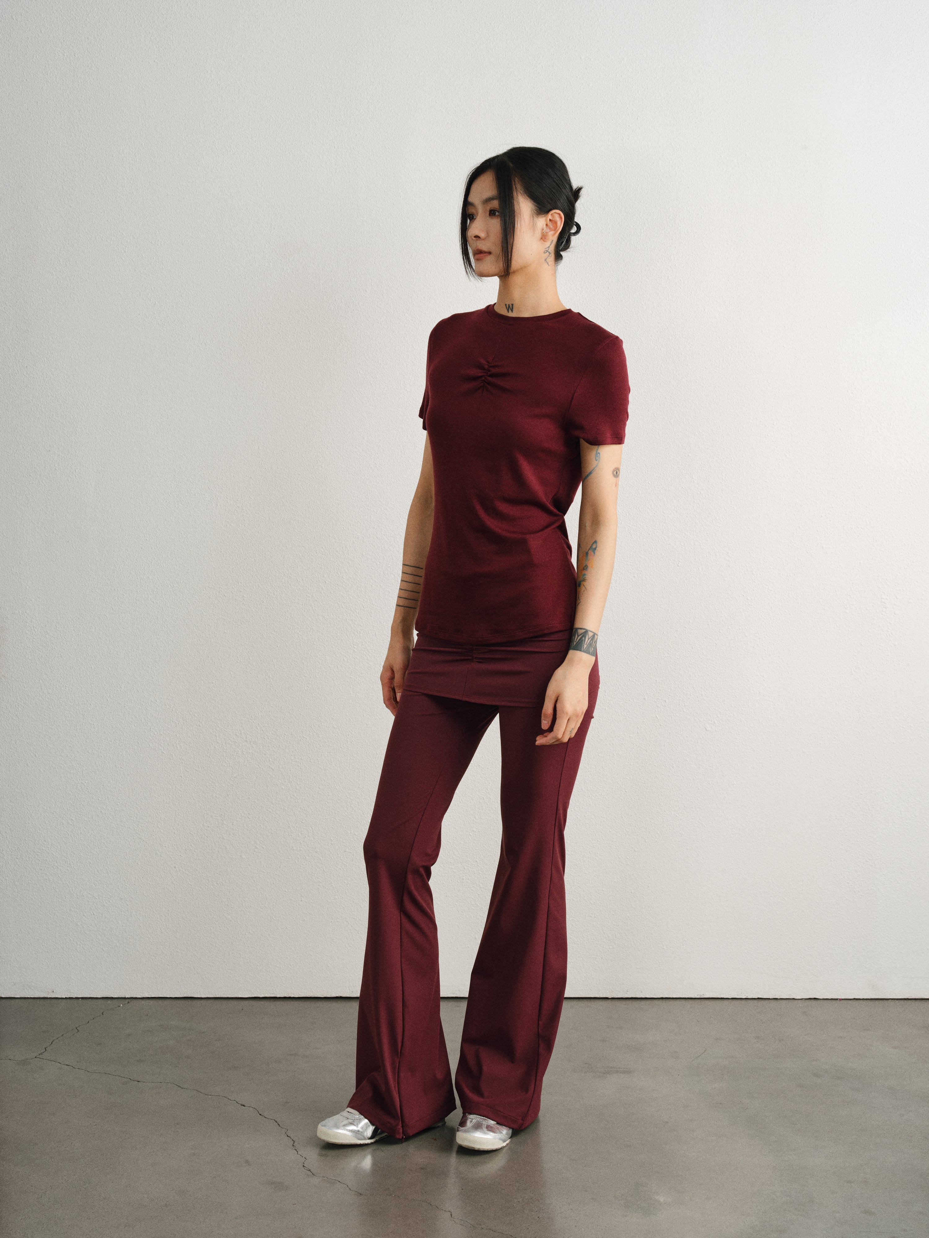 Merlot Red Tencel Wool Pleated T-Shirt