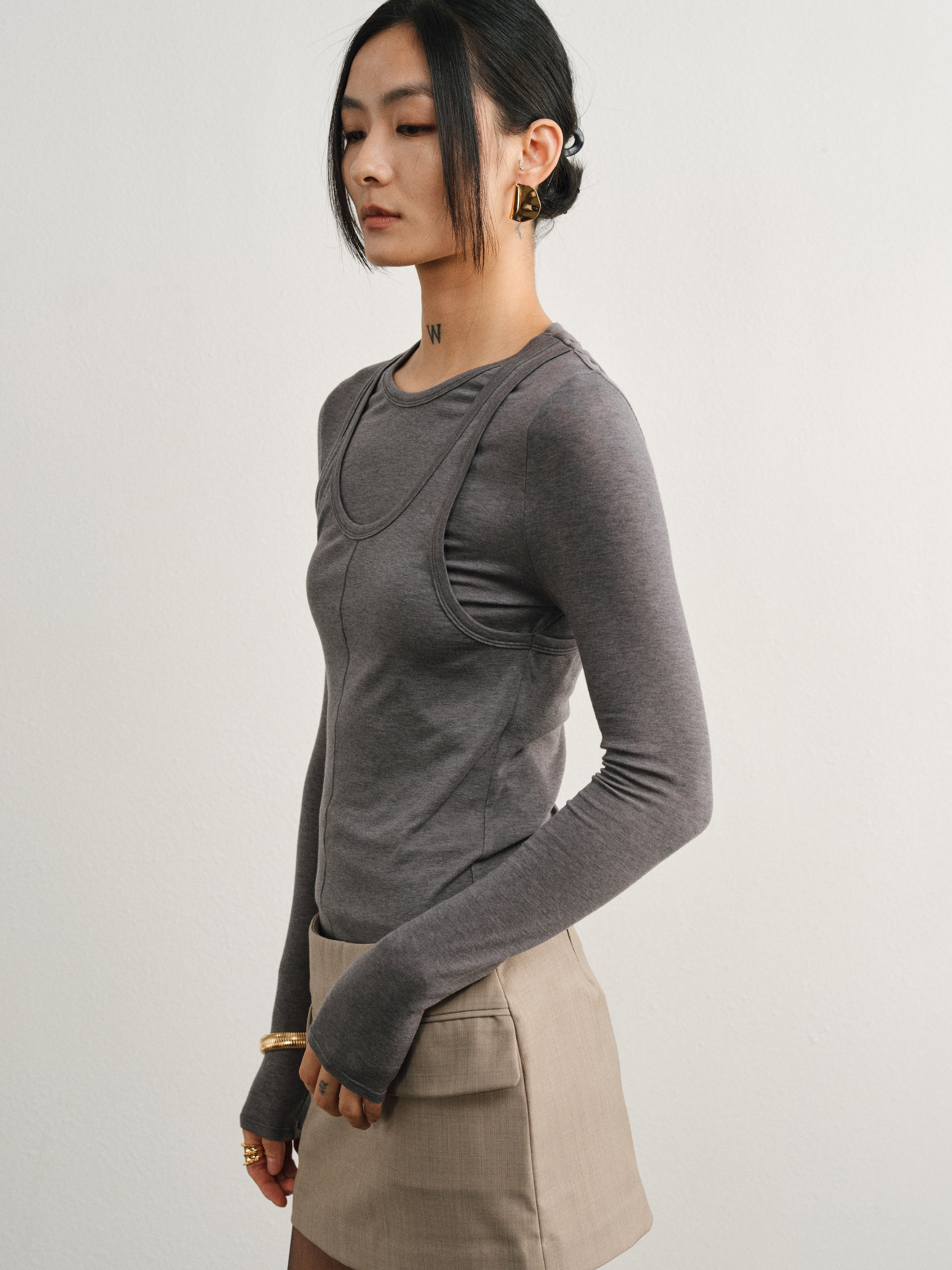 Grey Tencel Wool Faux Two-Piece Top