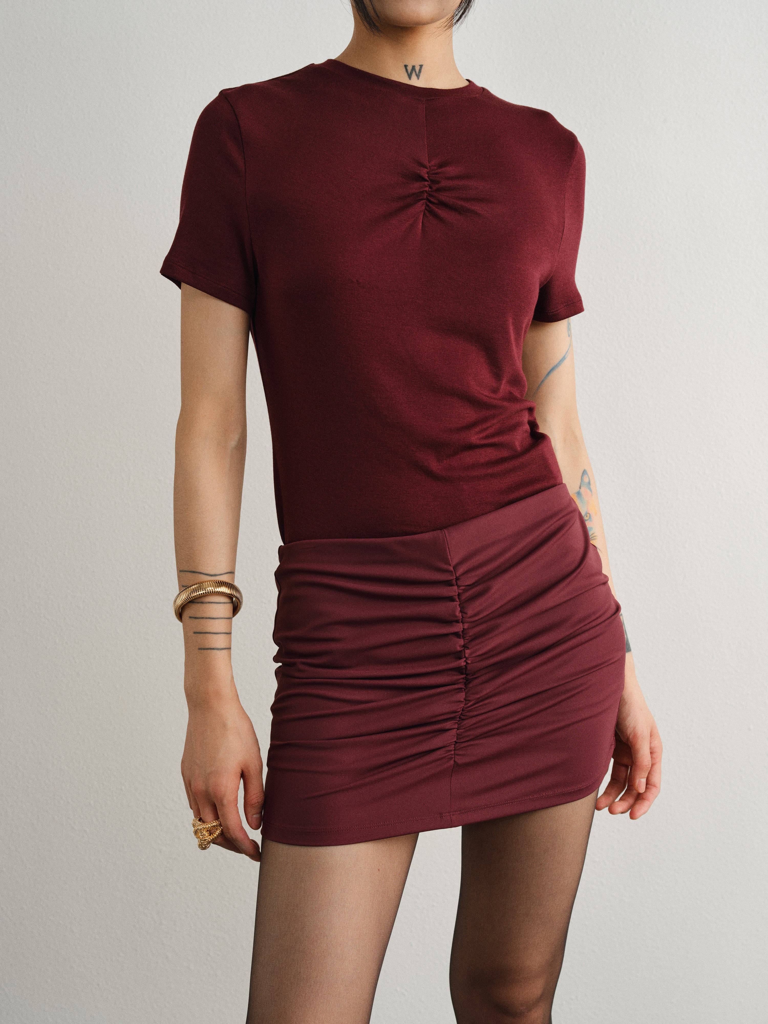 Merlot Red Slim Fit Pleated Yoga Skirt