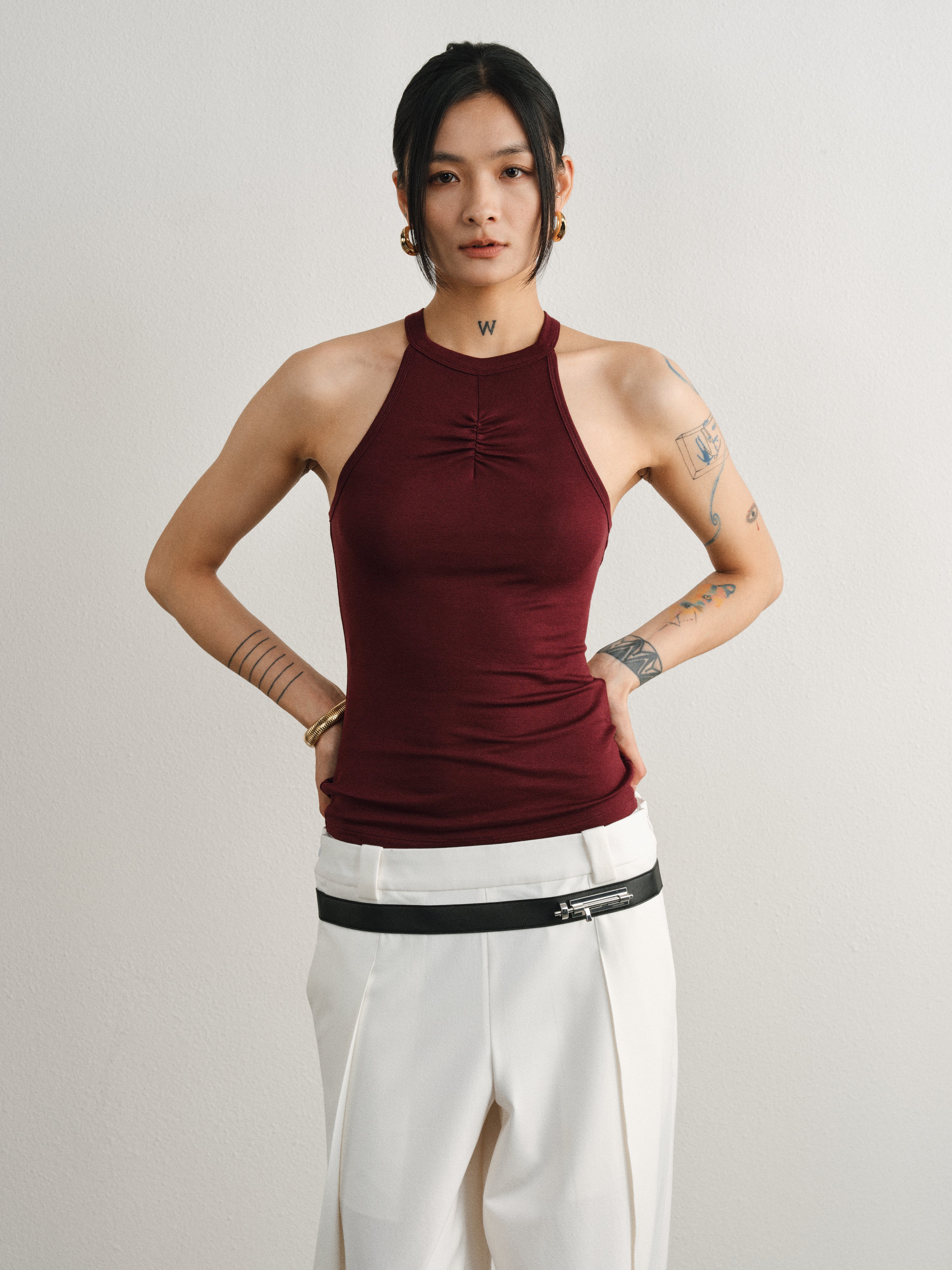 Merlot Red Tencel Wool Hoop Neck Pleated Vest