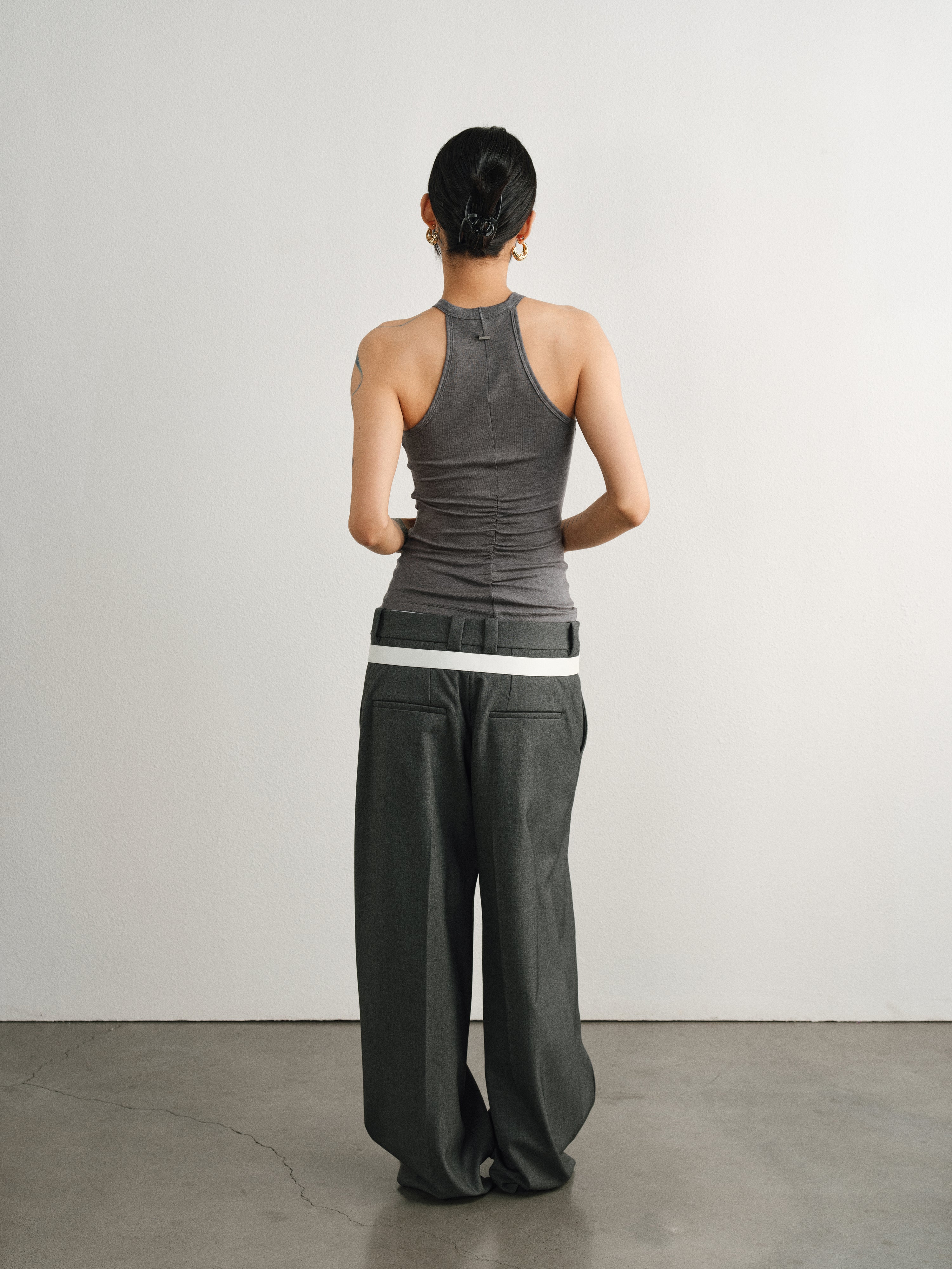 Grey Tencel Wool Hoop Neck Pleated Vest