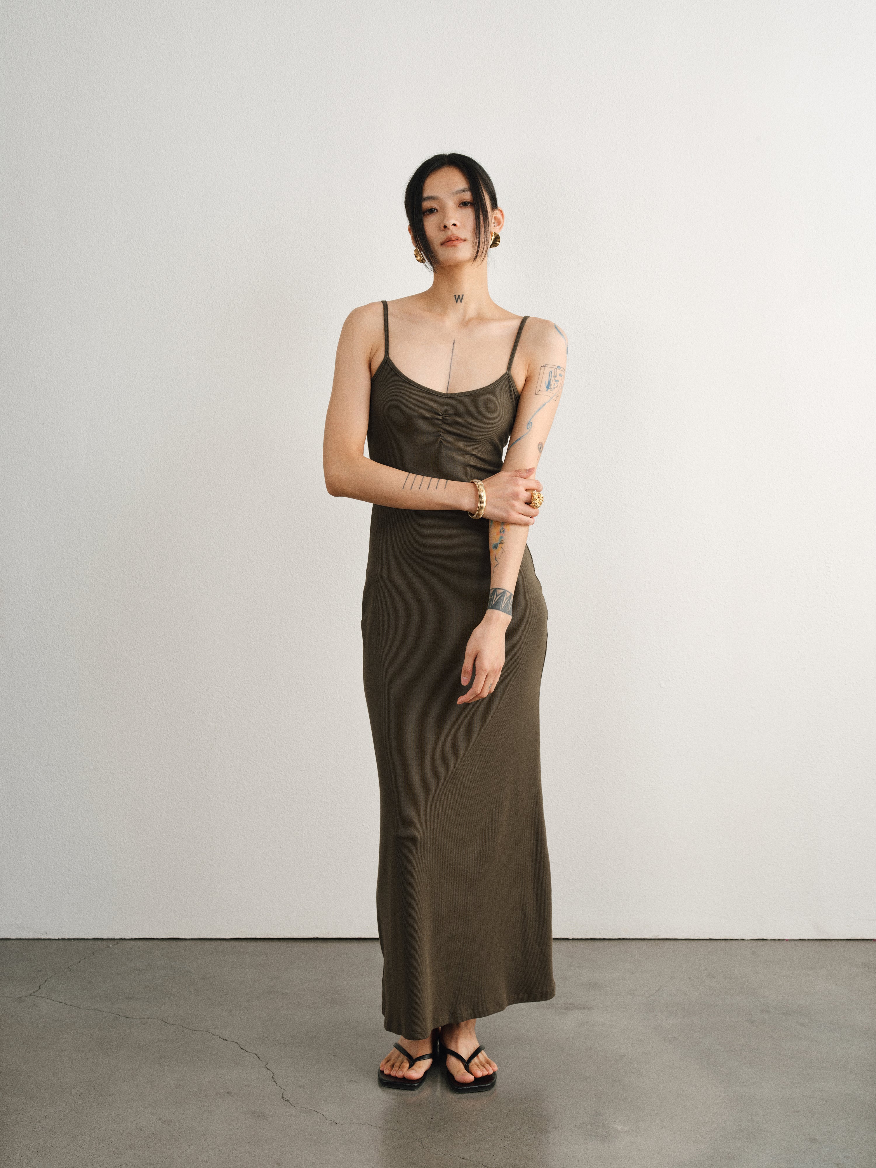 Brown Ribbed Fabric Pleated Suspender Dress