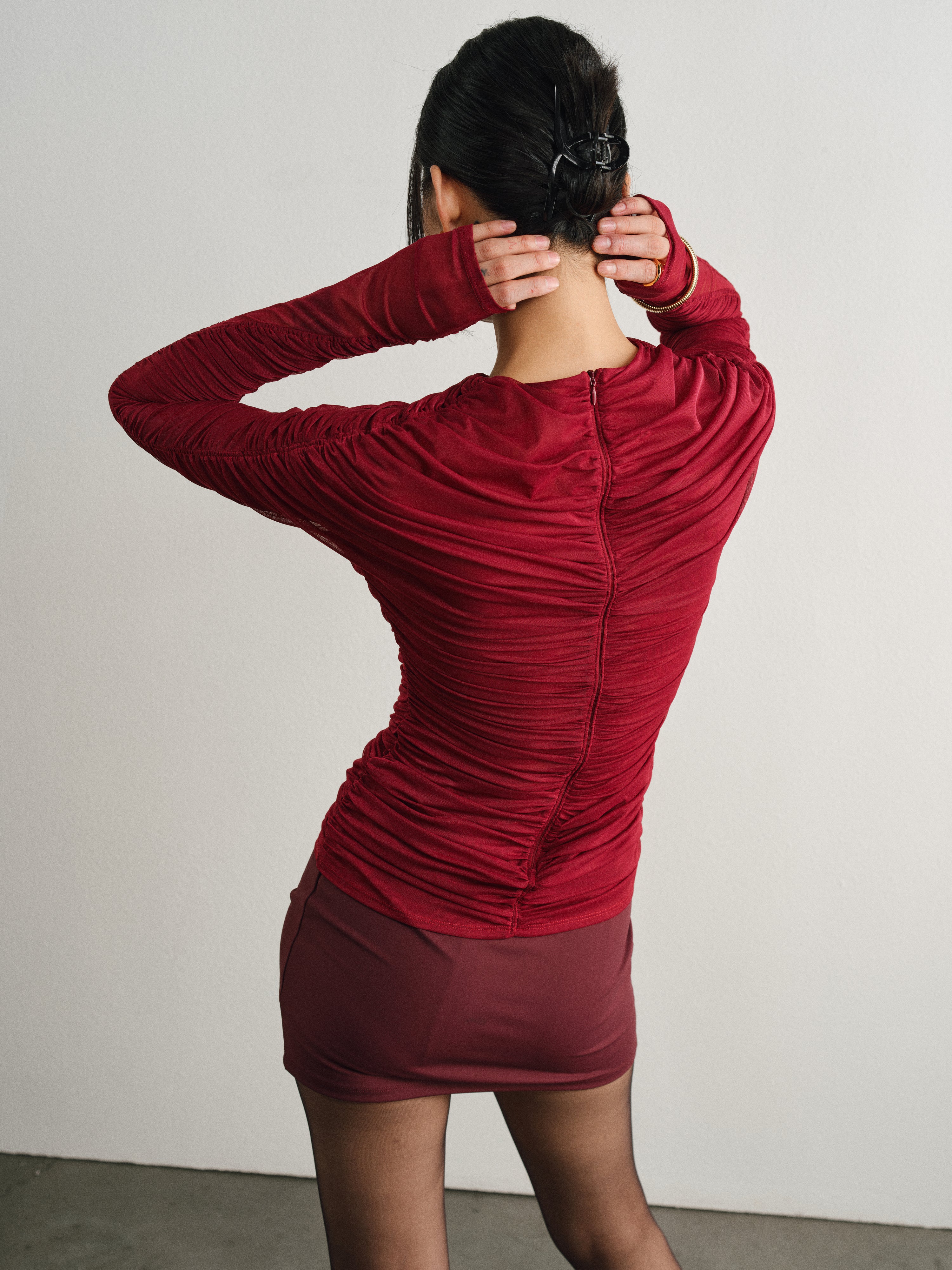 Merlot Stretch Mesh Pleated Long Sleeve Top