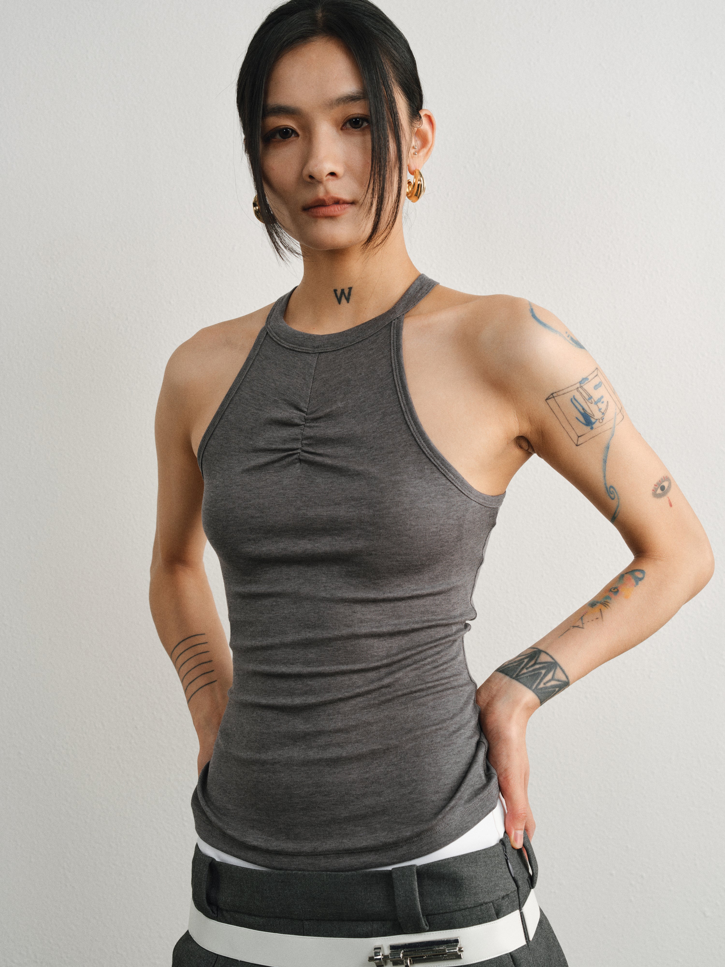 Grey Tencel Wool Hoop Neck Pleated Vest