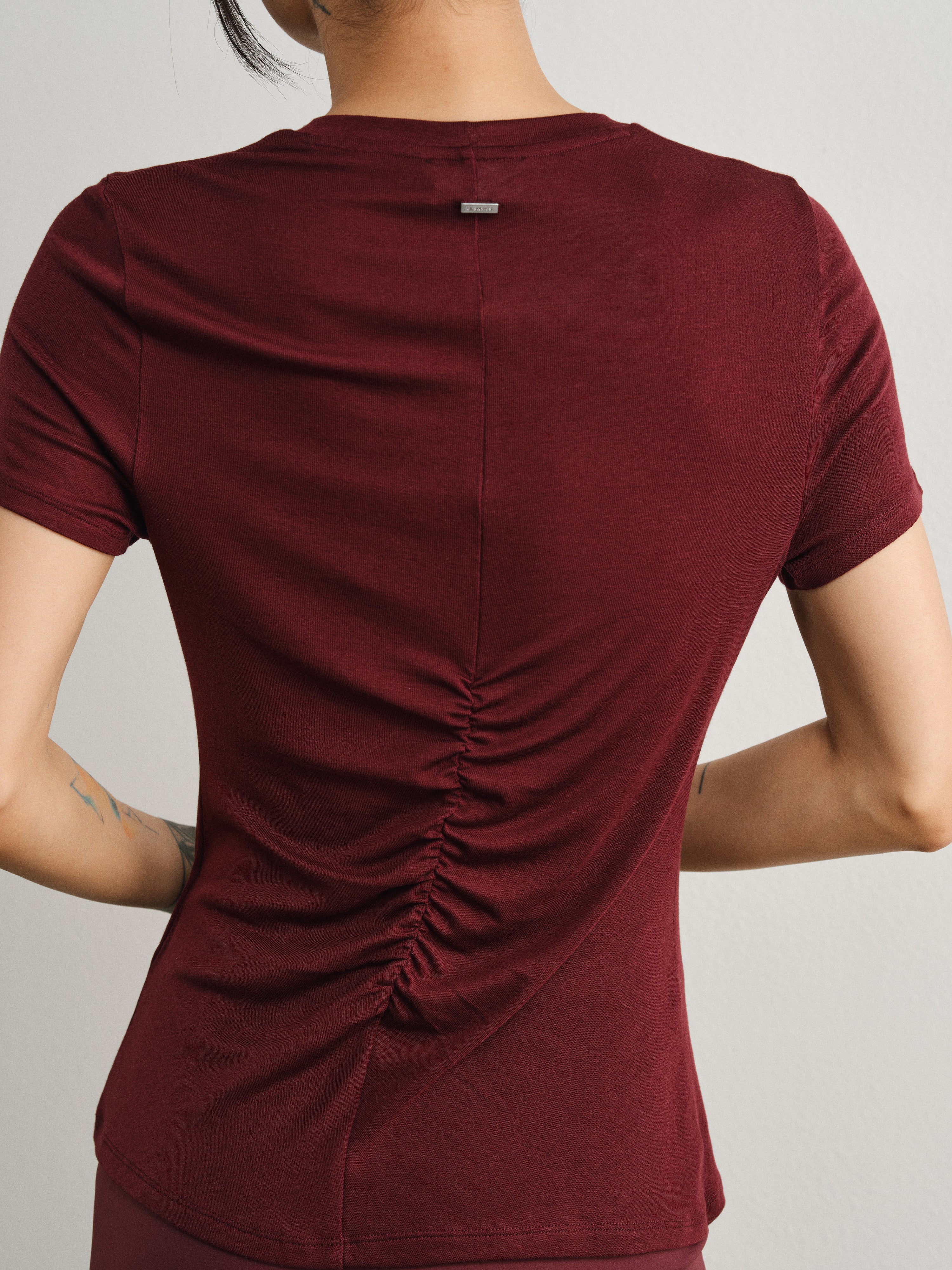 Merlot Red Tencel Wool Pleated T-Shirt
