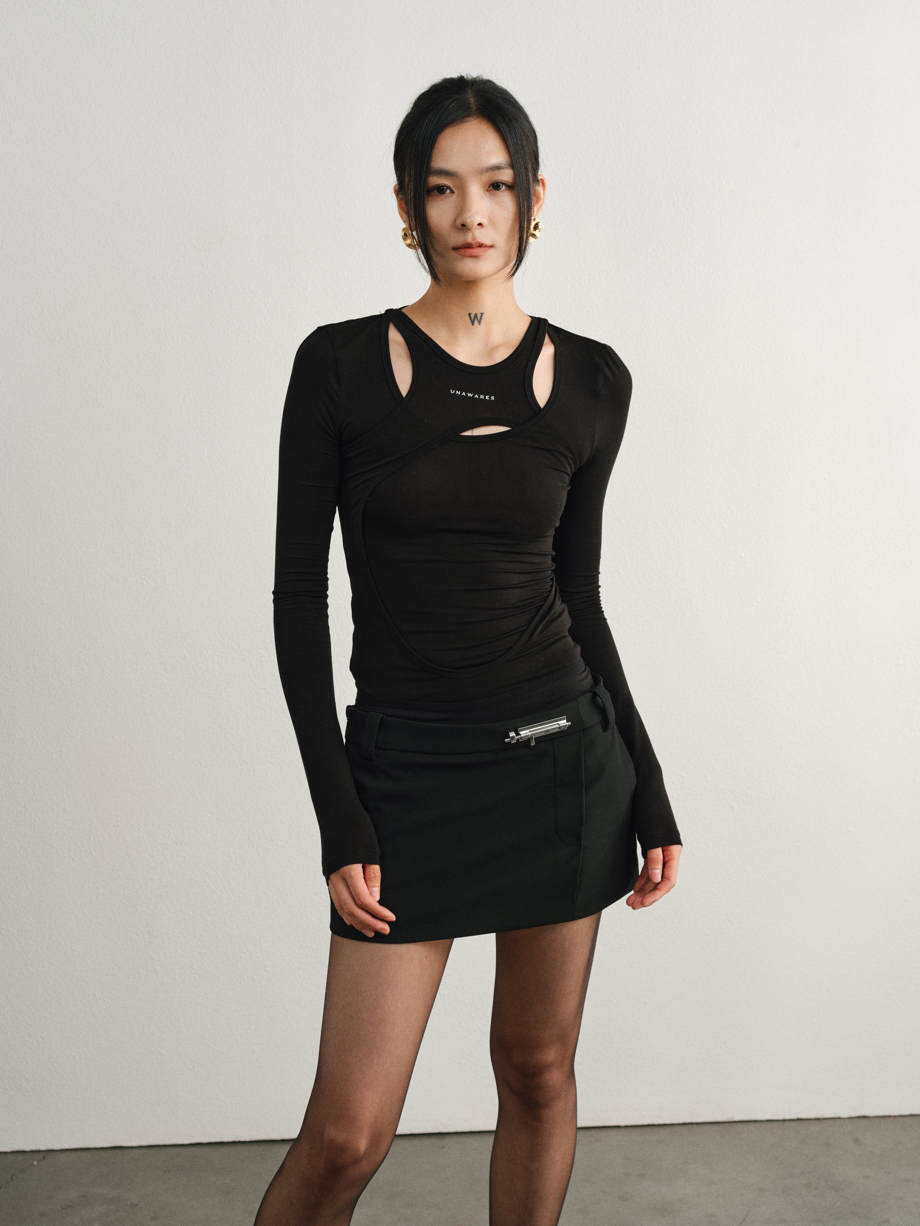 Black Tencel Wool Offset Top