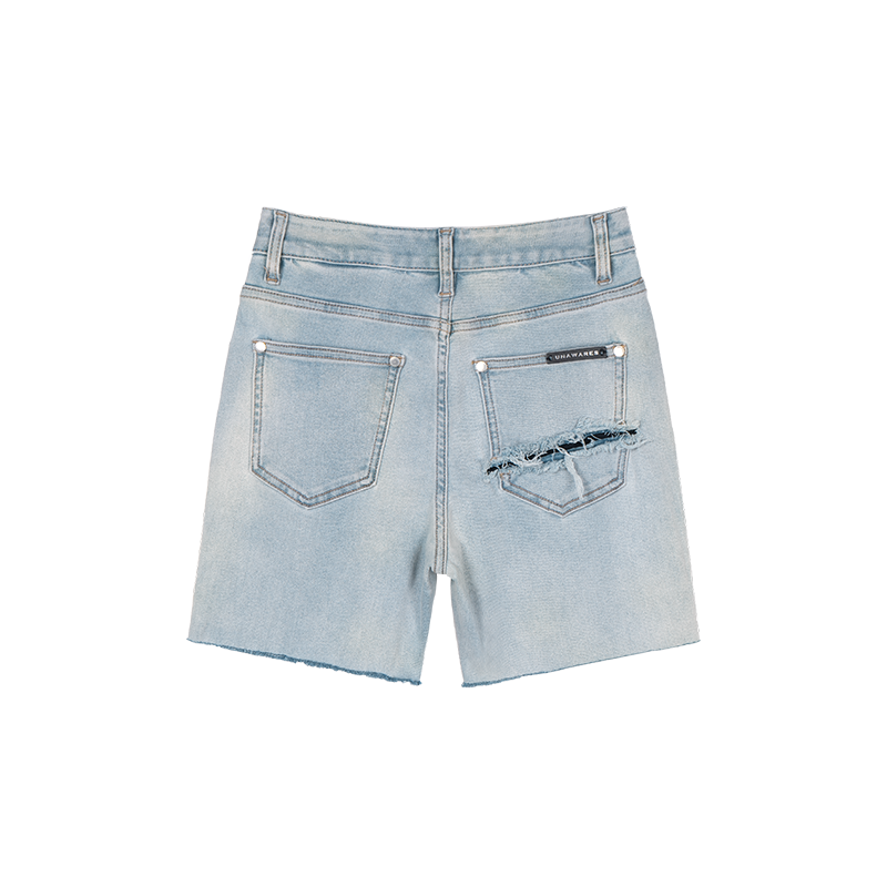 Blue Back Panel Cracked Denim Shorts