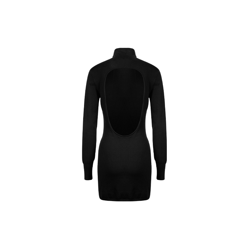 Black High-neck Curved Backless Wool Knitted Dress