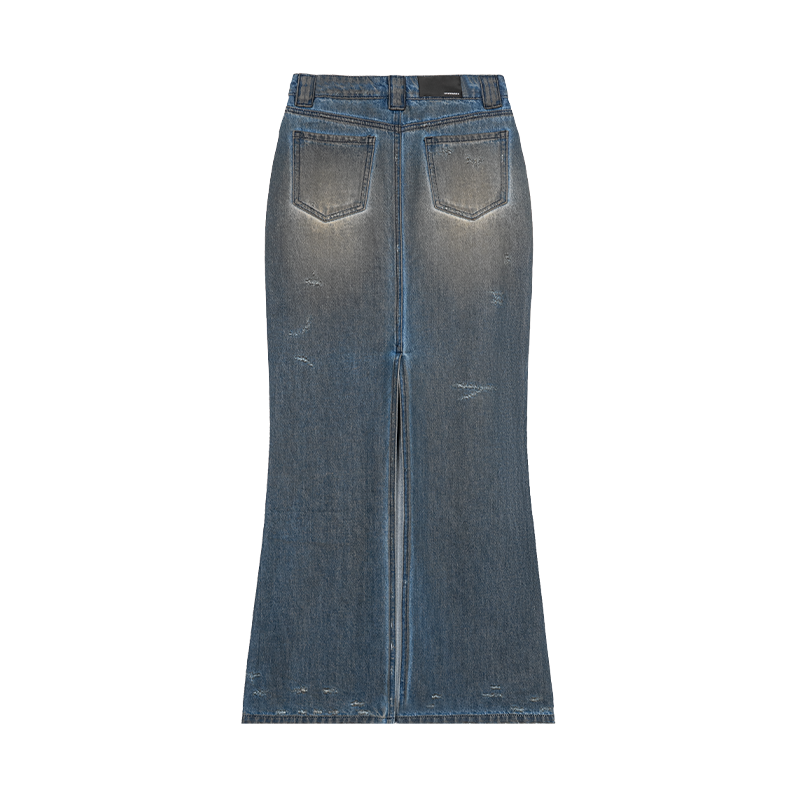 Blue Retro Distressed Washed Fishtail Design Denim Mid-Length Skirt