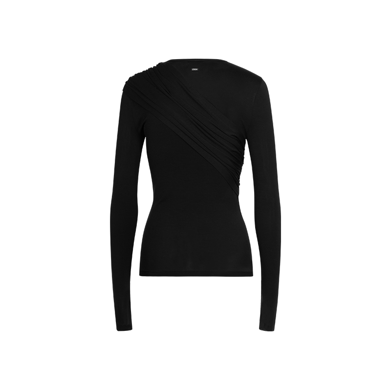 Black Sheer Asymmetric Pleated Long Sleeve Top