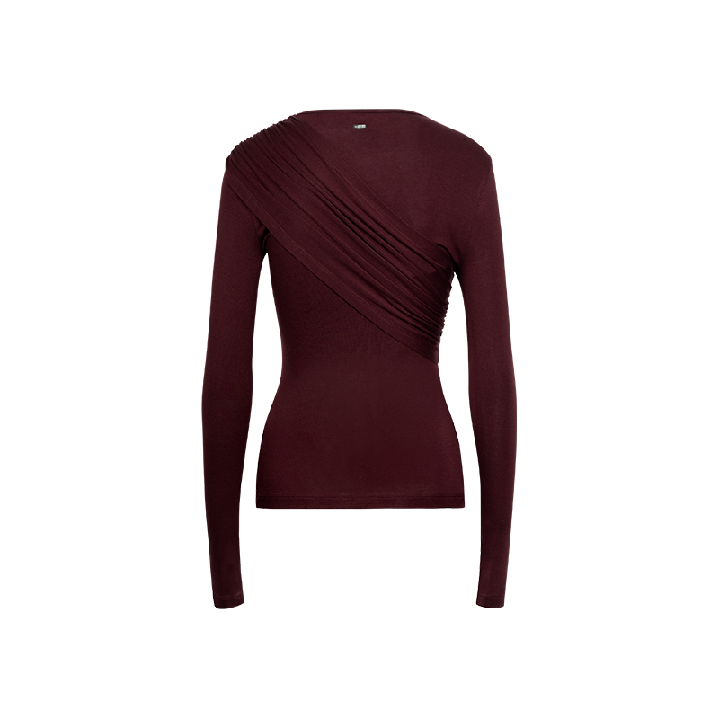 Merlot Red Sheer Asymmetric Pleated Long Sleeve Top