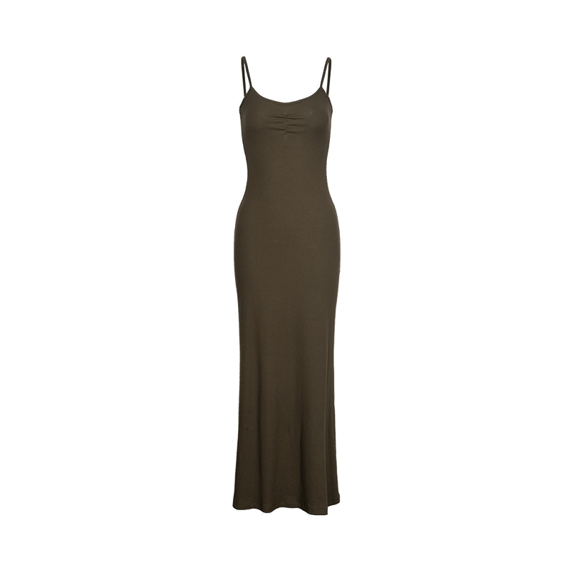 Brown Ribbed Fabric Pleated Suspender Dress