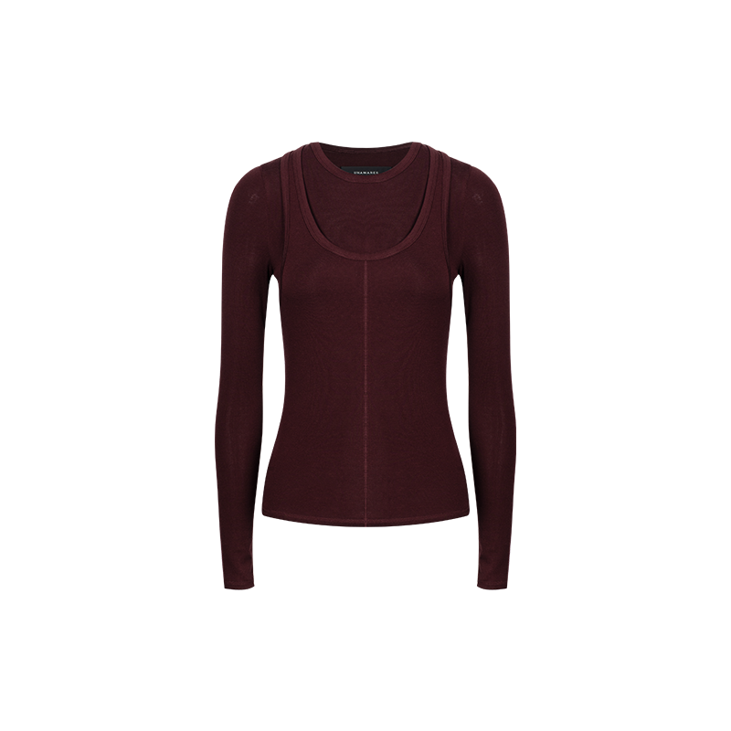 Merlot Red Tencel Sheep Wool Fake Two-Piece Top