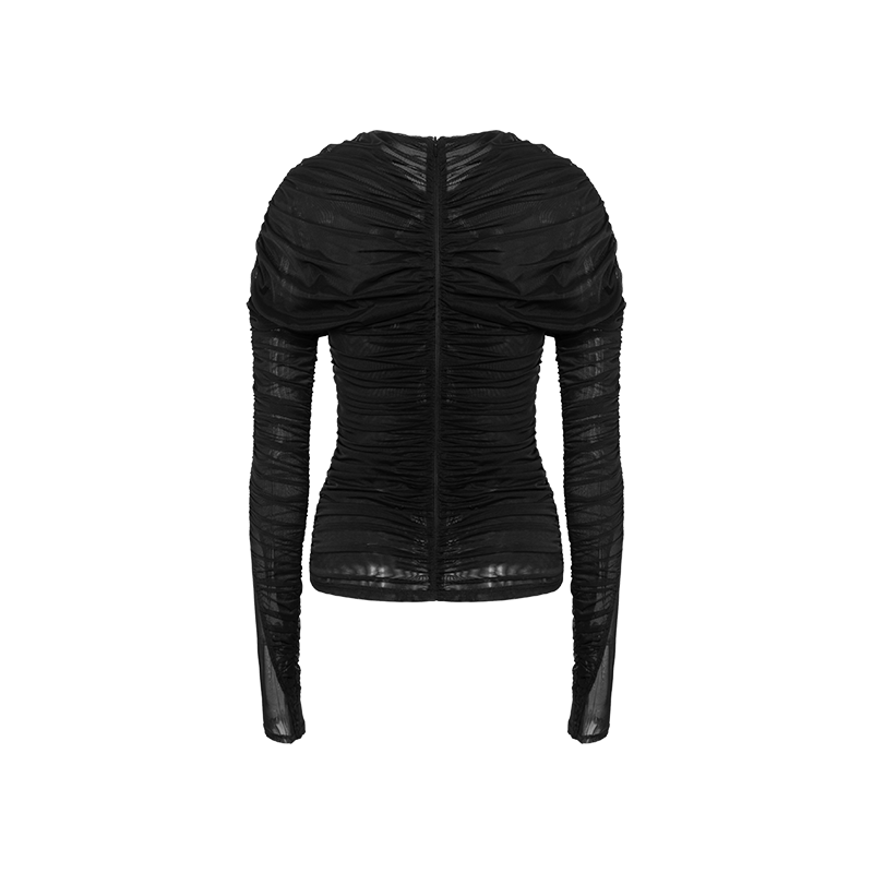 Black Stretch Mesh Pleated Long Sleeve Top