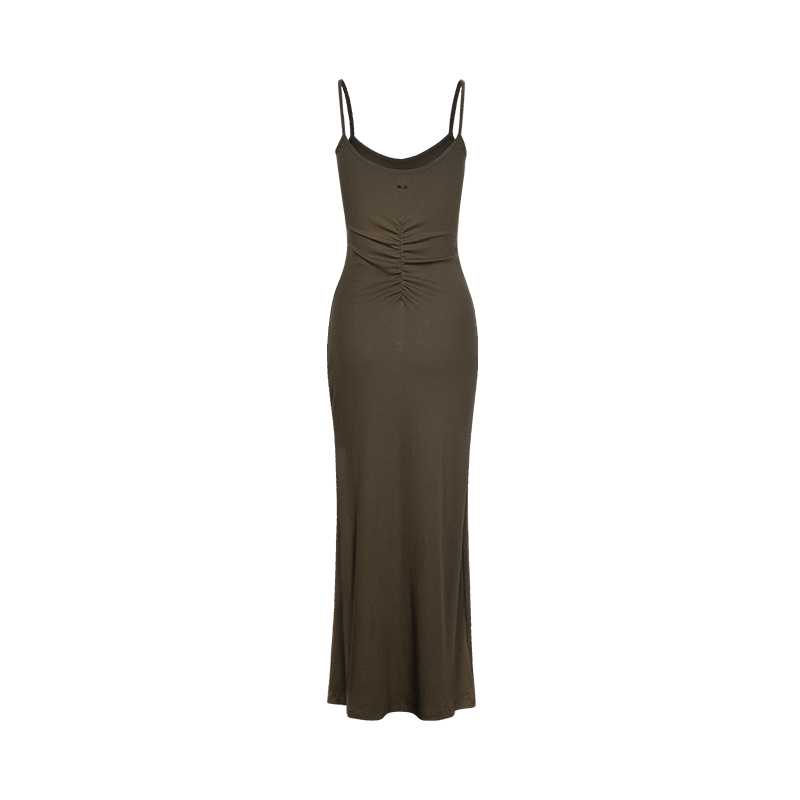 Brown Ribbed Fabric Pleated Suspender Dress