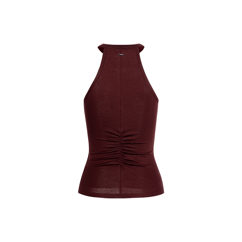 Merlot Red Tencel Wool Hoop Neck Pleated Vest