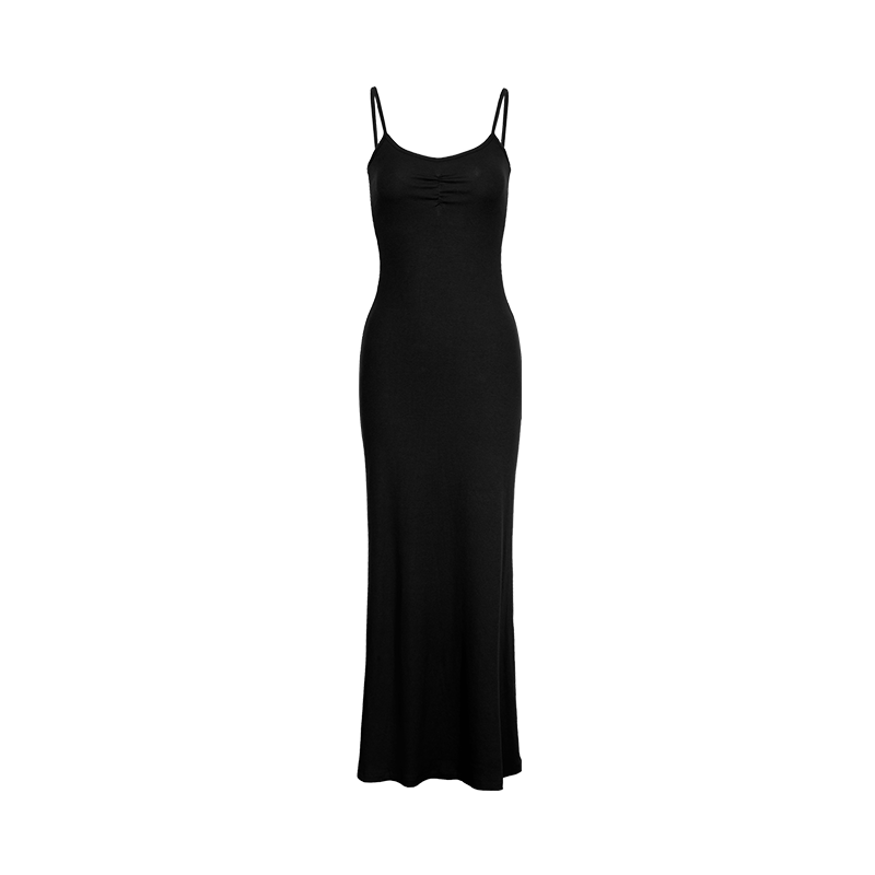 Black Ribbed Pleated Halter Dress